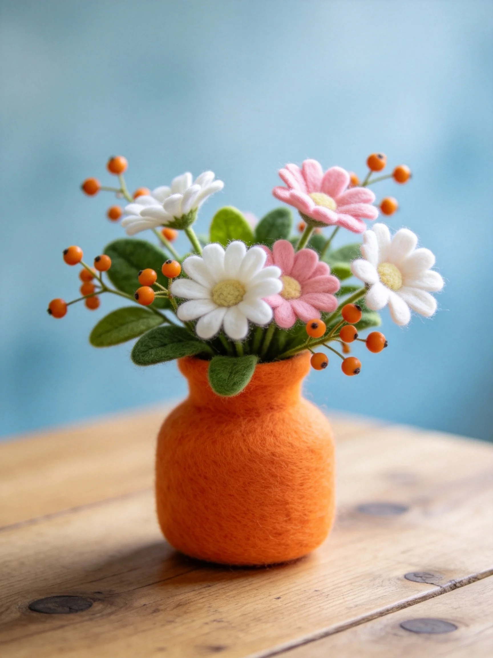 An orange felt vase holds pastel daisies and orange berries