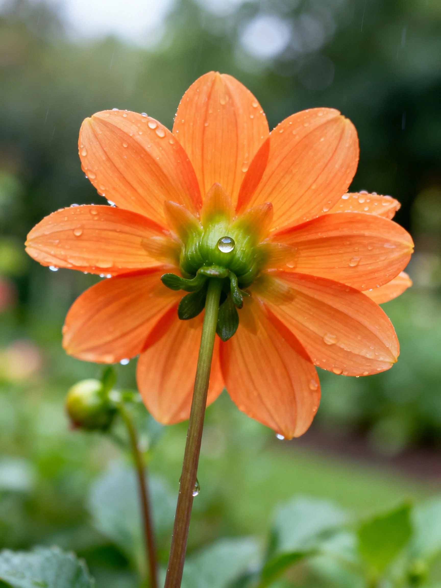 An orange flower with water droplets, surrounded by greenery