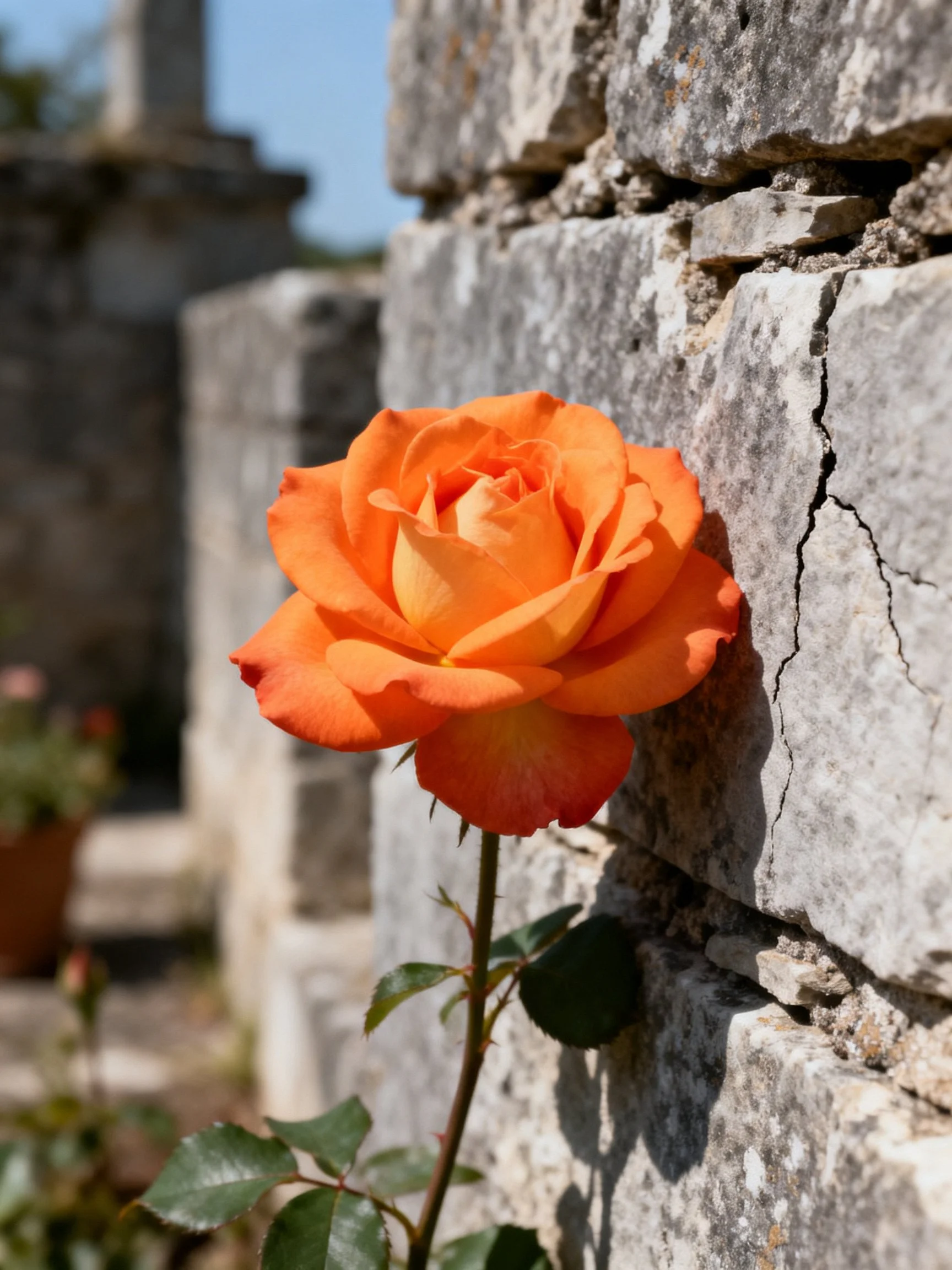 An orange rose blooms against a weathered gray stone wall