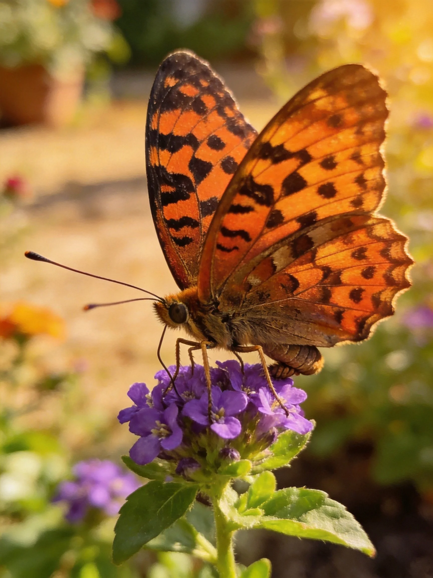 An orange-spotted butterfly perches on vibrant purple blooms