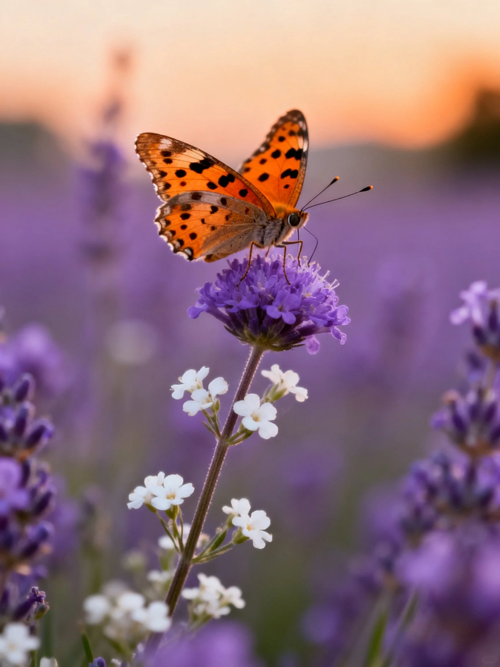 An orange-spotted butterfly rests atop vibrant purple blooms