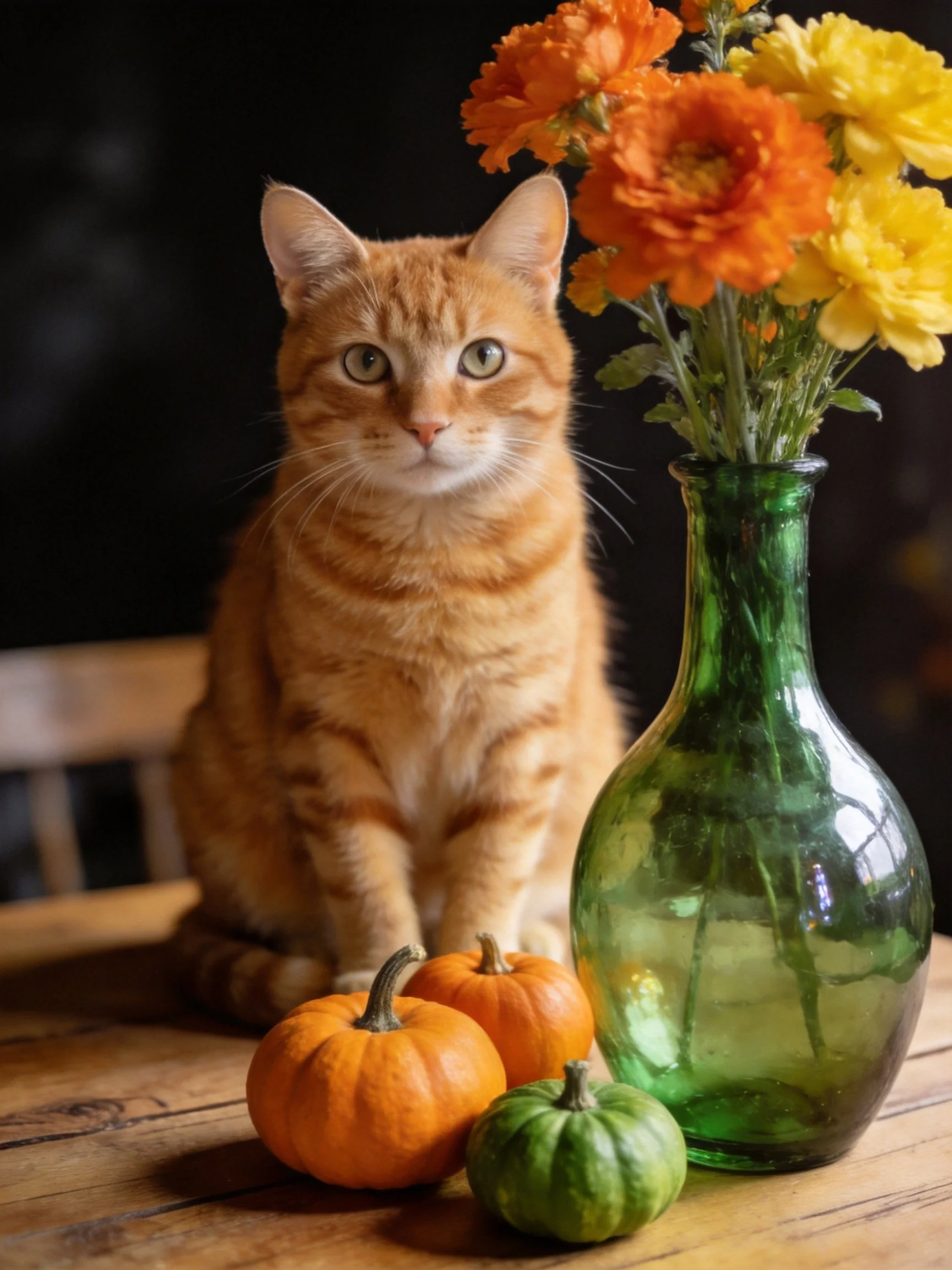An orange tabby cat sits beside a green vase with flowers and small pumpkins