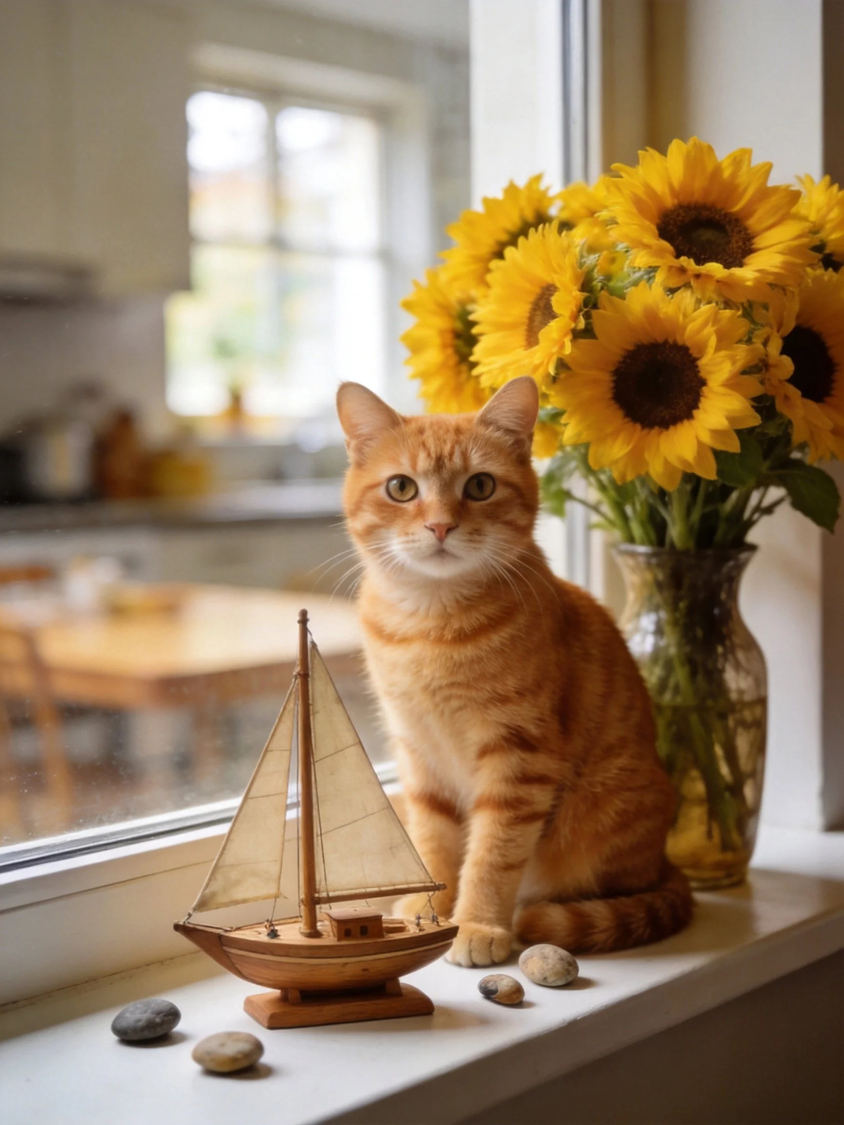 An orange tabby cat sits beside sunflowers and a wooden sailboat on a windowsill