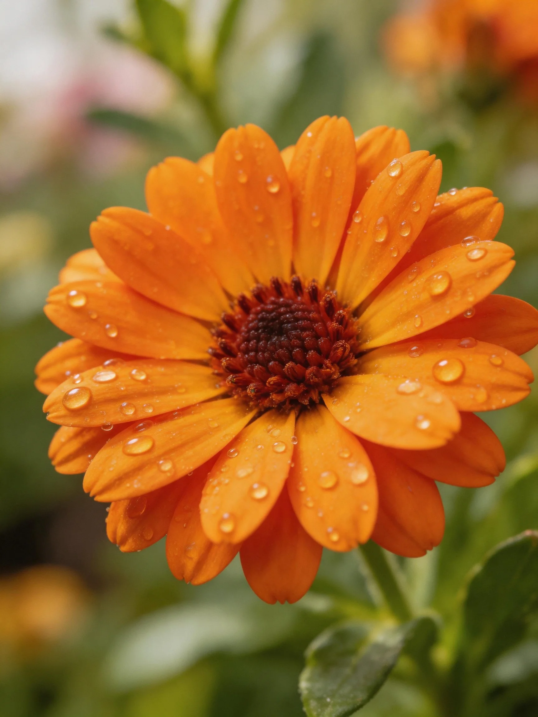 An orangeflower with water droplets, petals arranged circularly