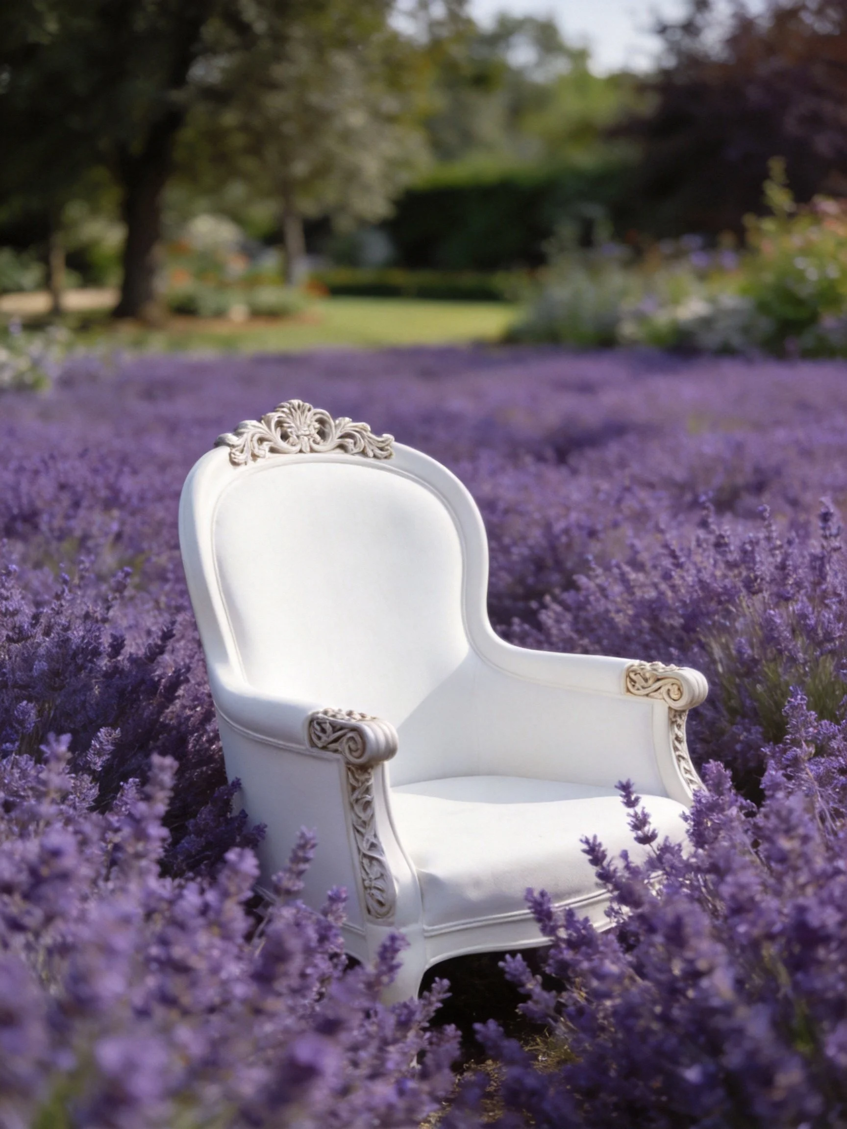 An ornate white chair in a purple lavender field