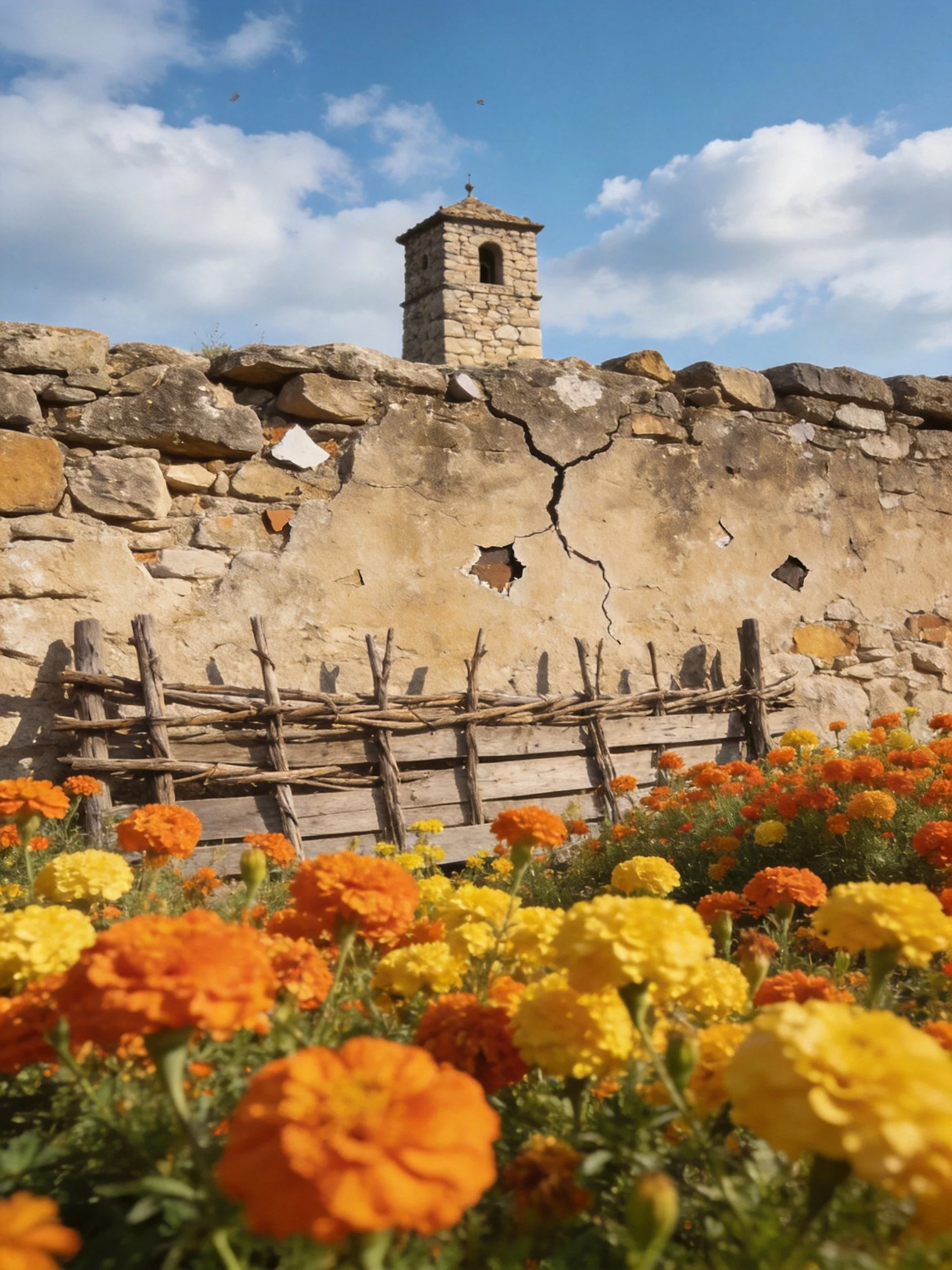 Ancient stone wall, tower, and vibrant flower bed