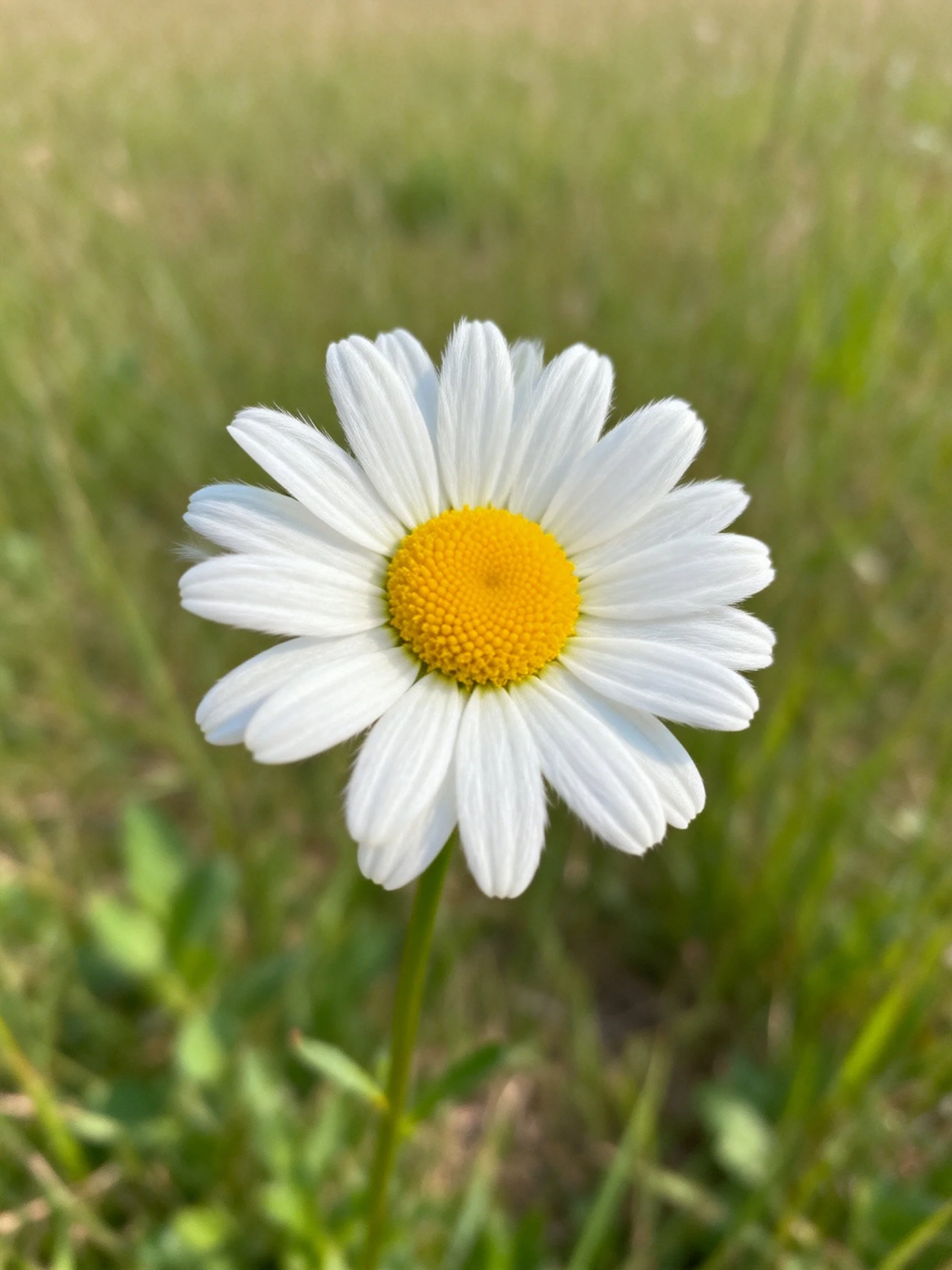 Asolitary daisy with white petals and yellow center amid grass