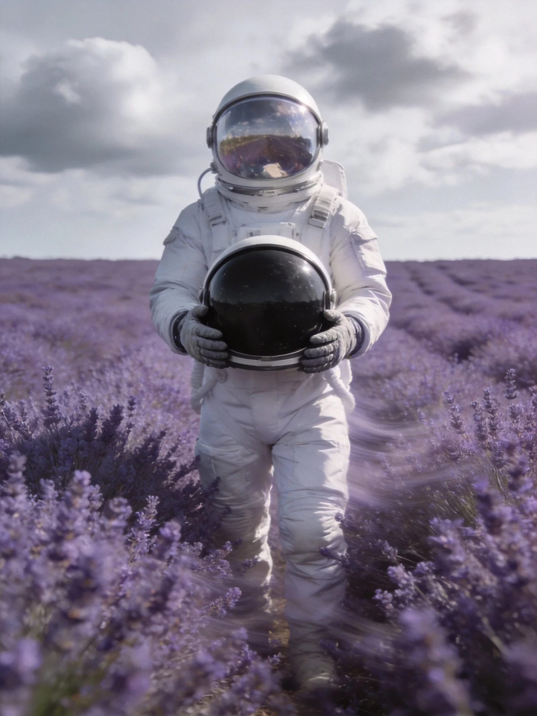 Astronaut in white spacesuit amidst lavender fields holding helmet