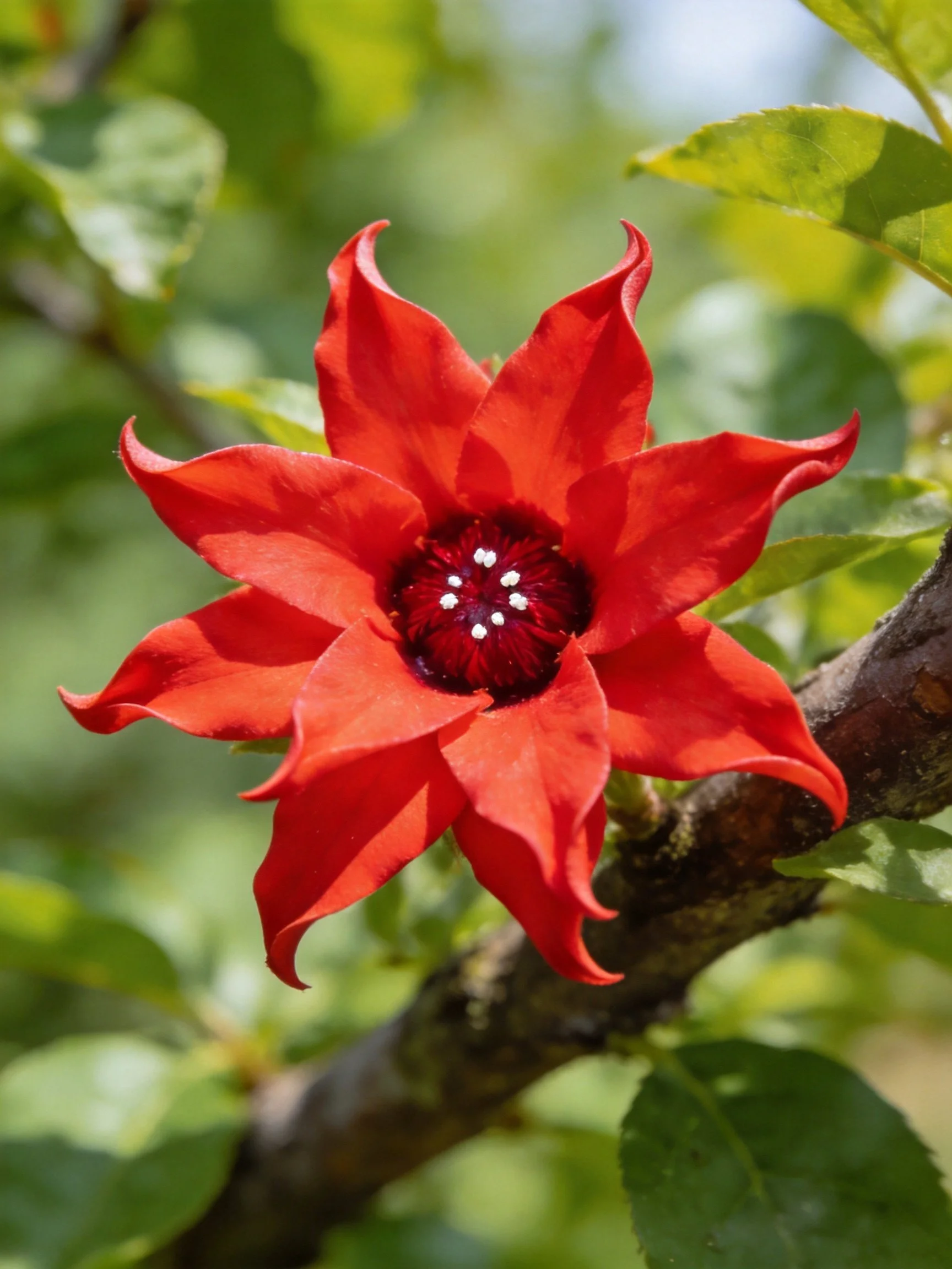 Avibrant red flower with curved petals on a tree branch