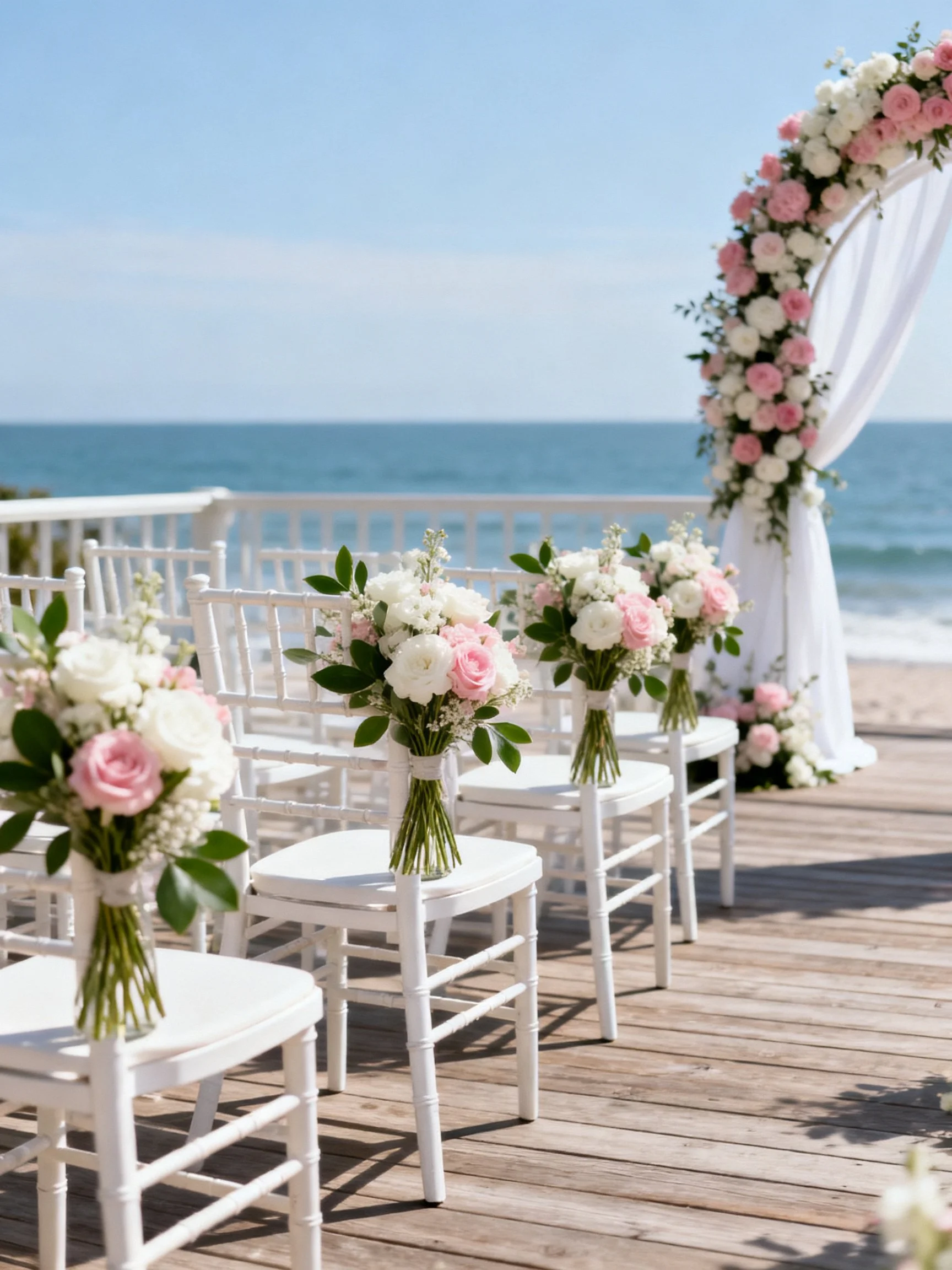 Beachside Wedding Setup with White Chairs and Pink-White Floral Arrangements
