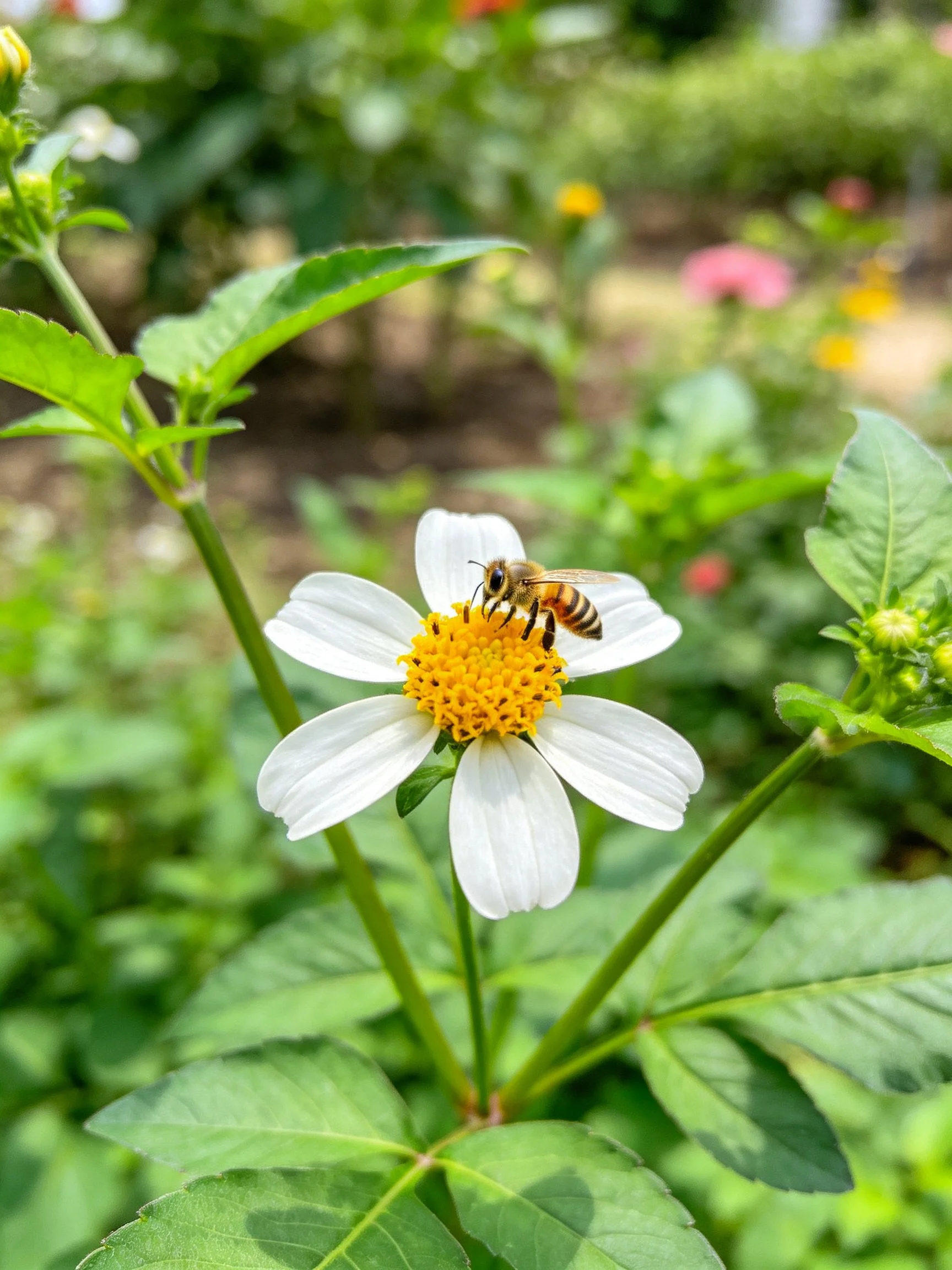 Bee pollinating white flower with yellow center amidst lush green foliage