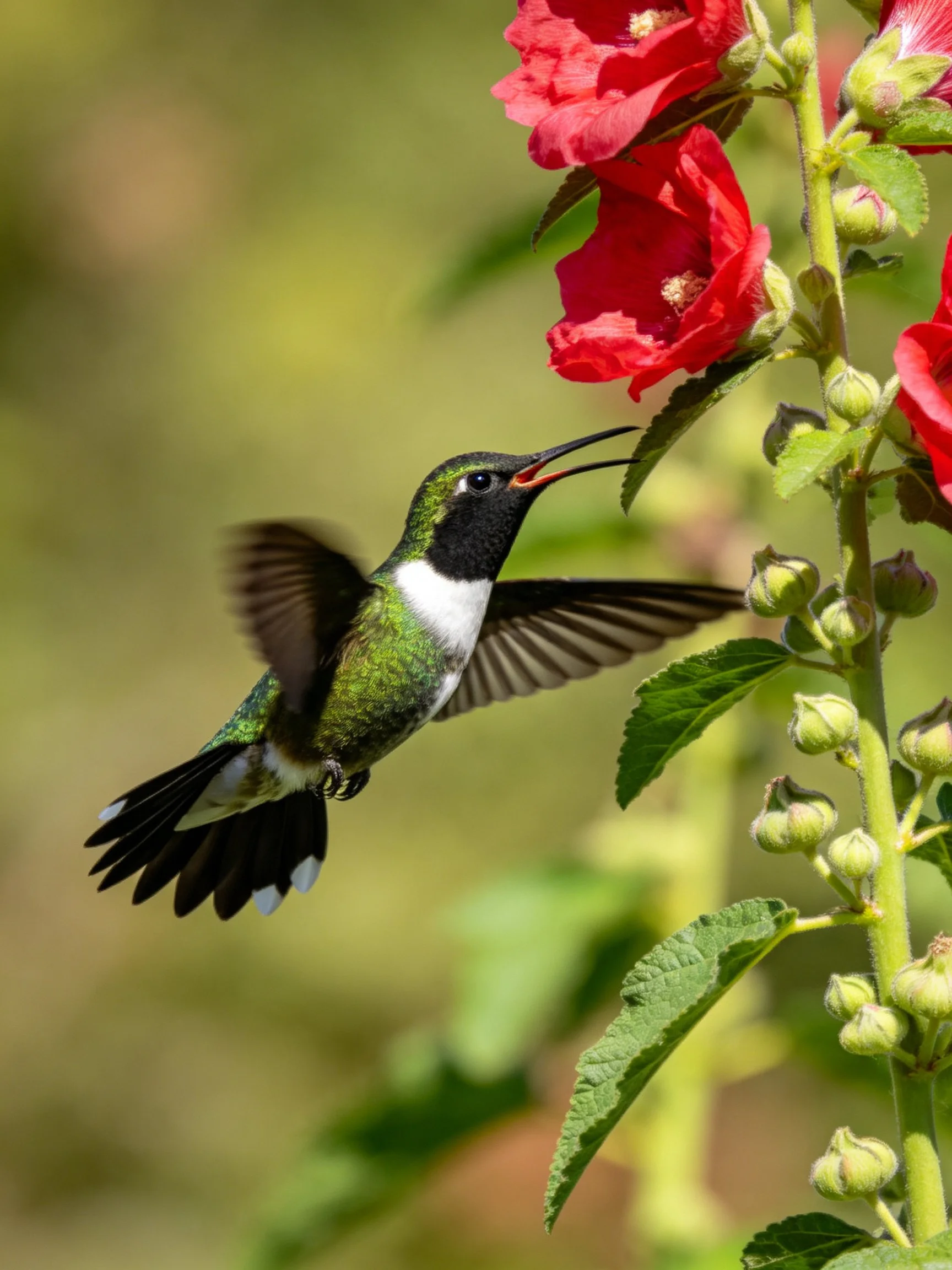 Black-and-green hummingbird feeding on red hollyhock flowers