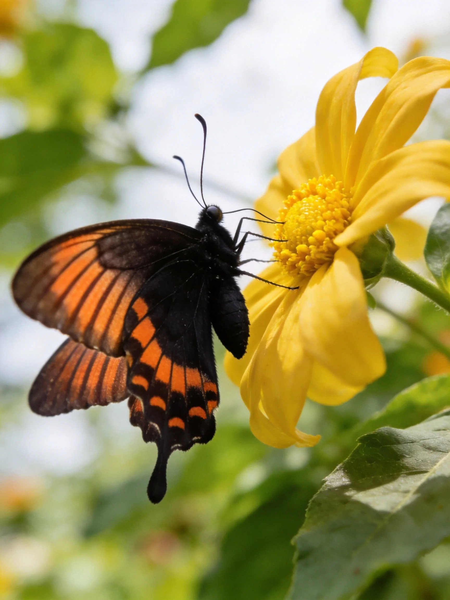 Black and orange butterfly feeding on a vibrant yellow flower