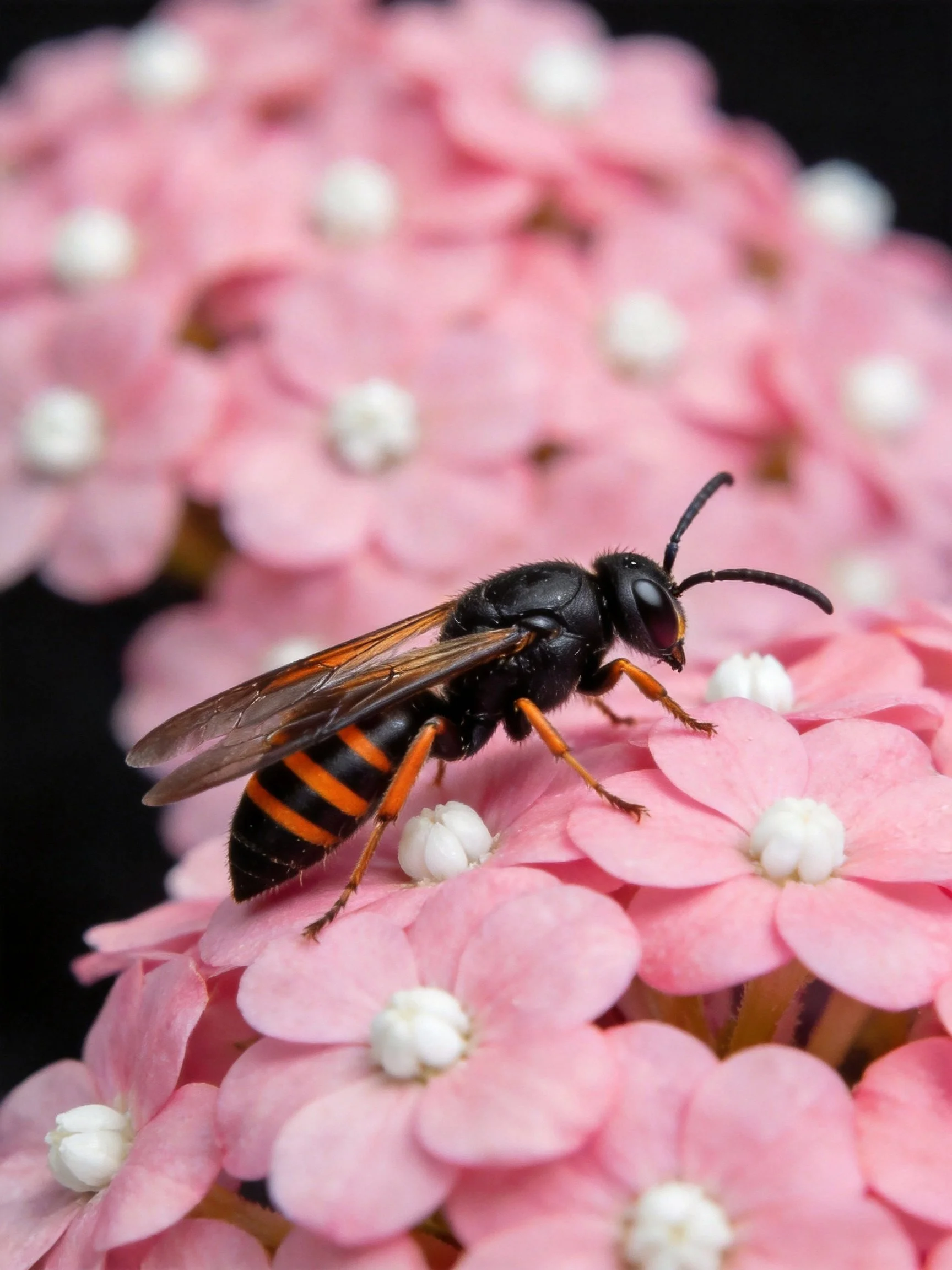Black and orange wasp on cluster of soft pink flowers