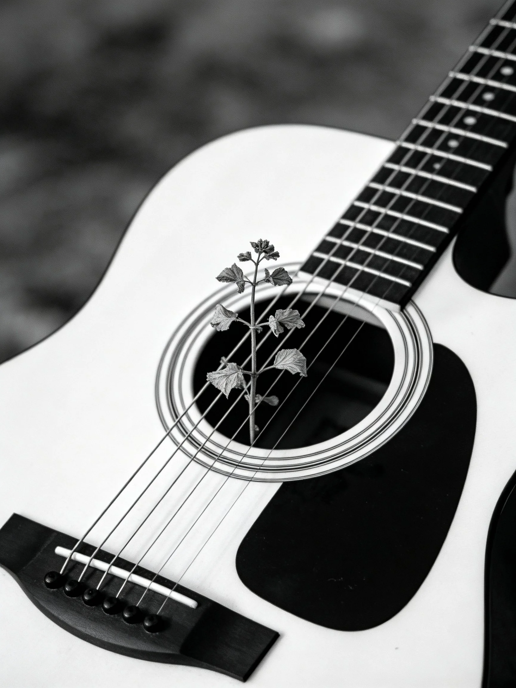 Black and white acoustic guitar with a small plant in the soundhole
