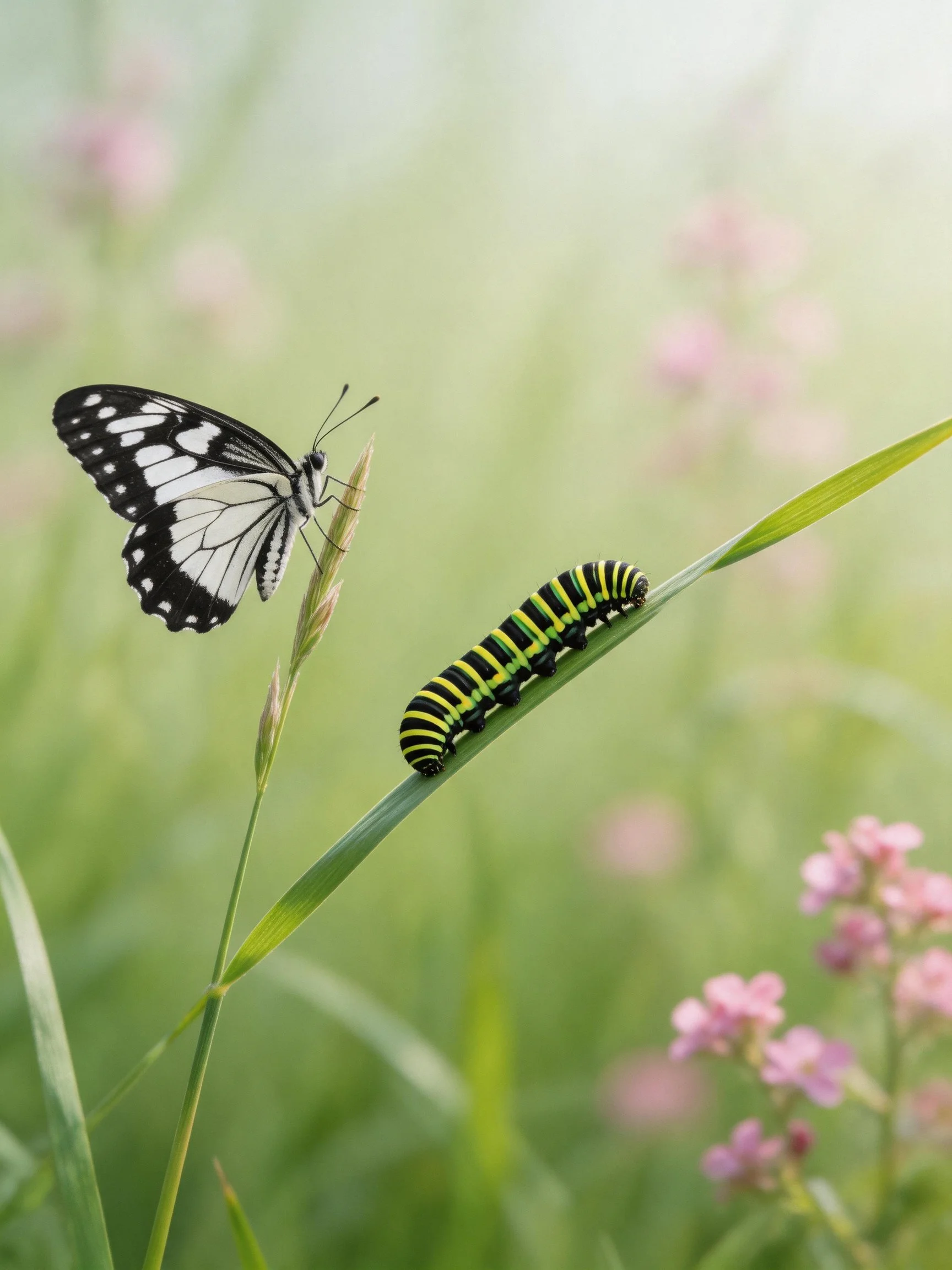 Black-and-white butterfly and striped caterpillar on a grass blade in a flower meadow