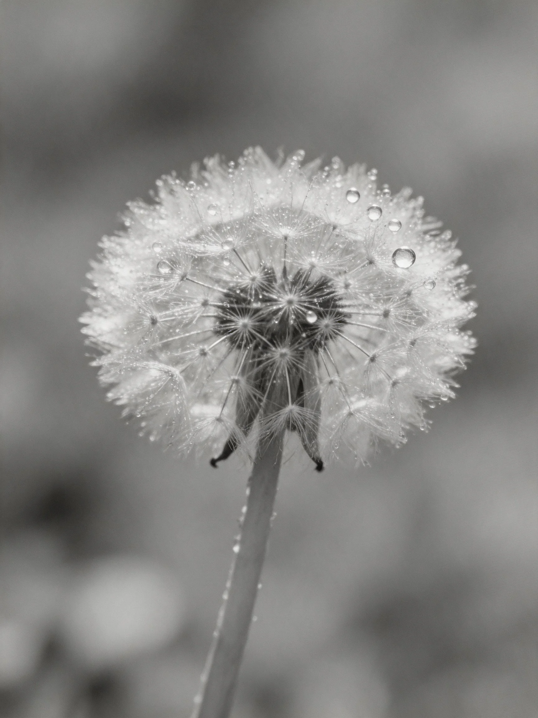 Black and white close-up of a dandelion seed head with water droplets