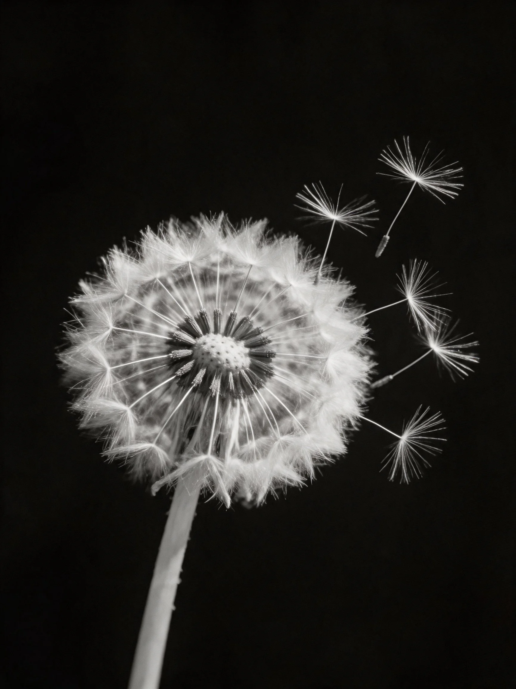 Black and white close-up of a dandelion with seed parachutes dispersing