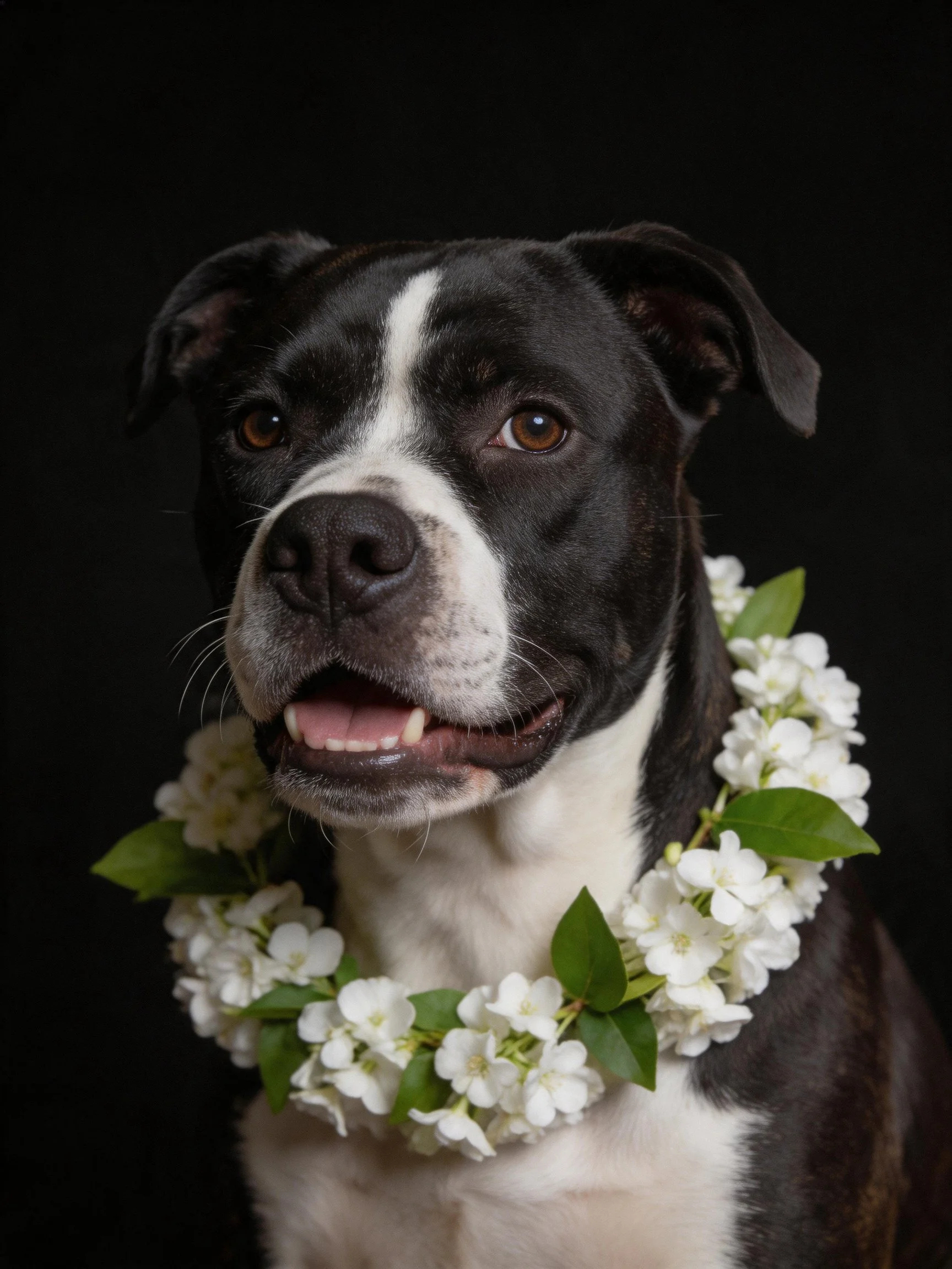 Black and white dog wearing white floral lei
