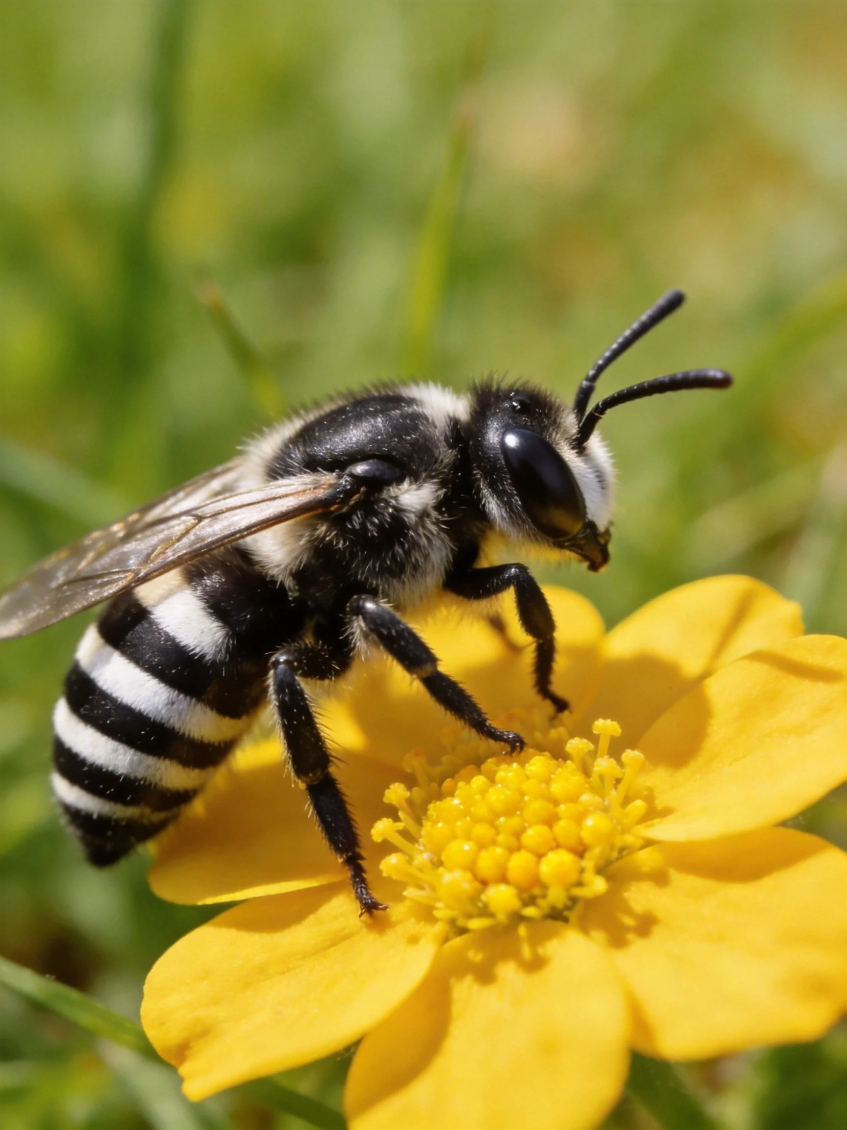 Black-and-white striped bee collecting nectar from a bright yellow flower