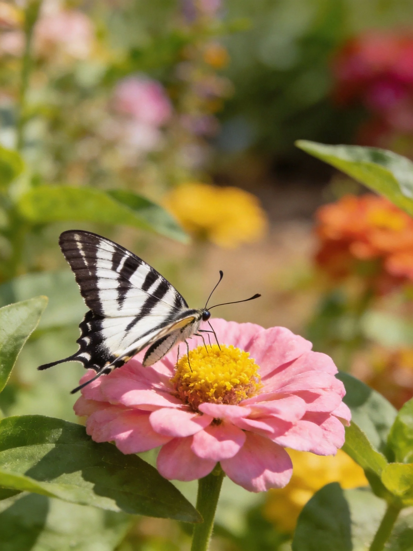 Black-and-white striped butterfly perched on pink zinnia flower