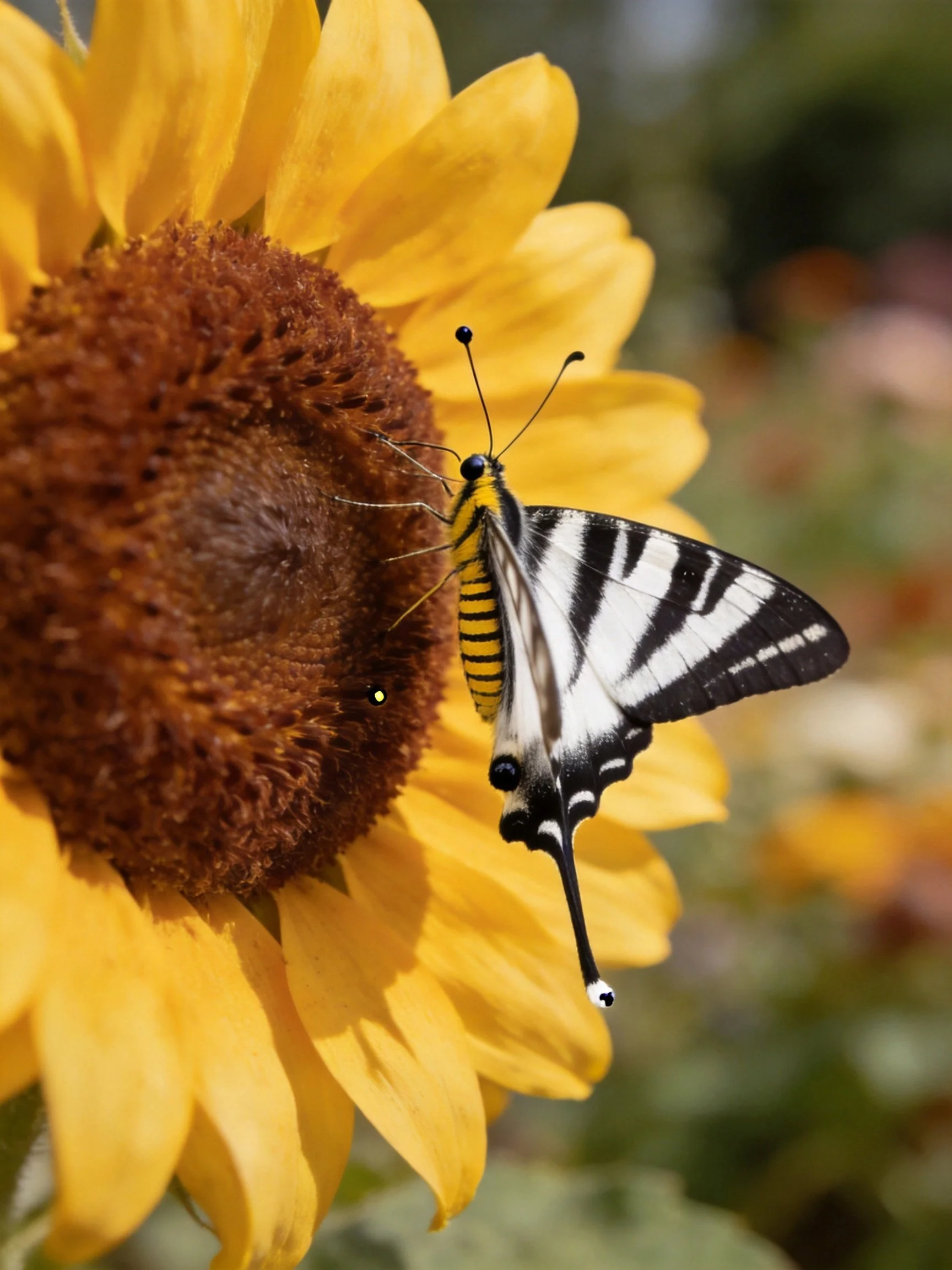 Black-and-white striped butterfly resting on bright yellow sunflower