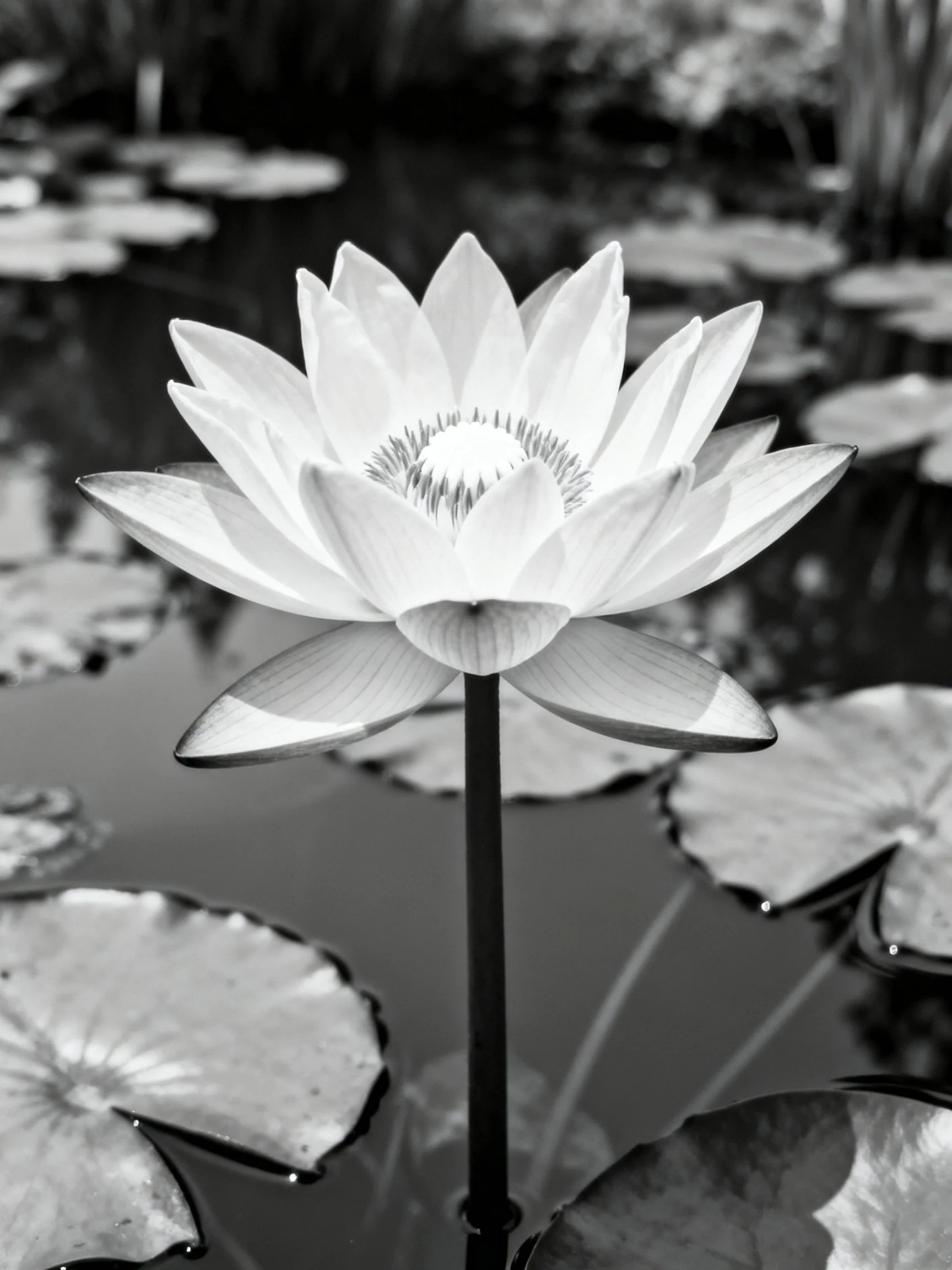 Black and white water lily flower centered amid lily pads