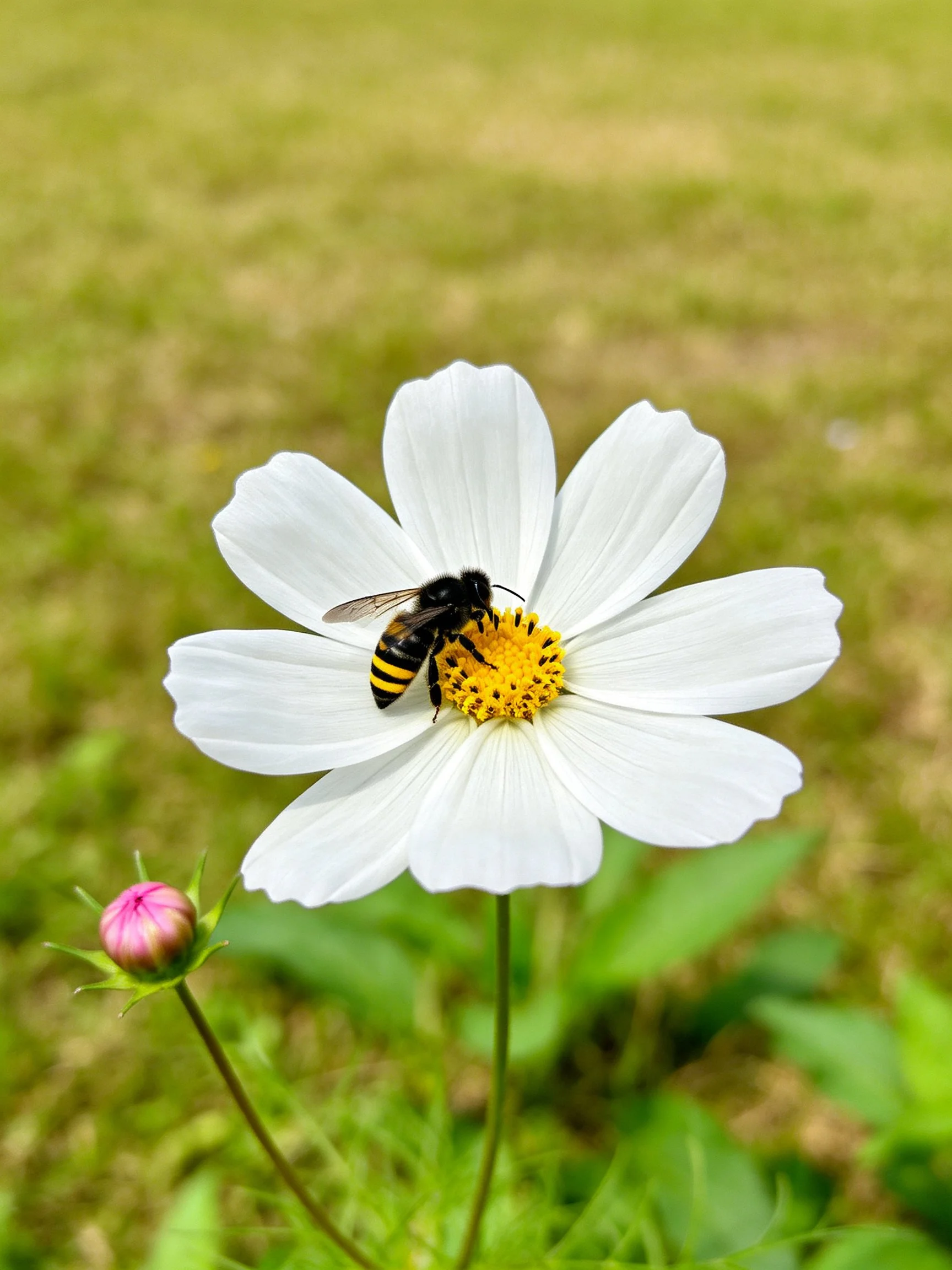 Black and yellow bee on large white flower near pink bud