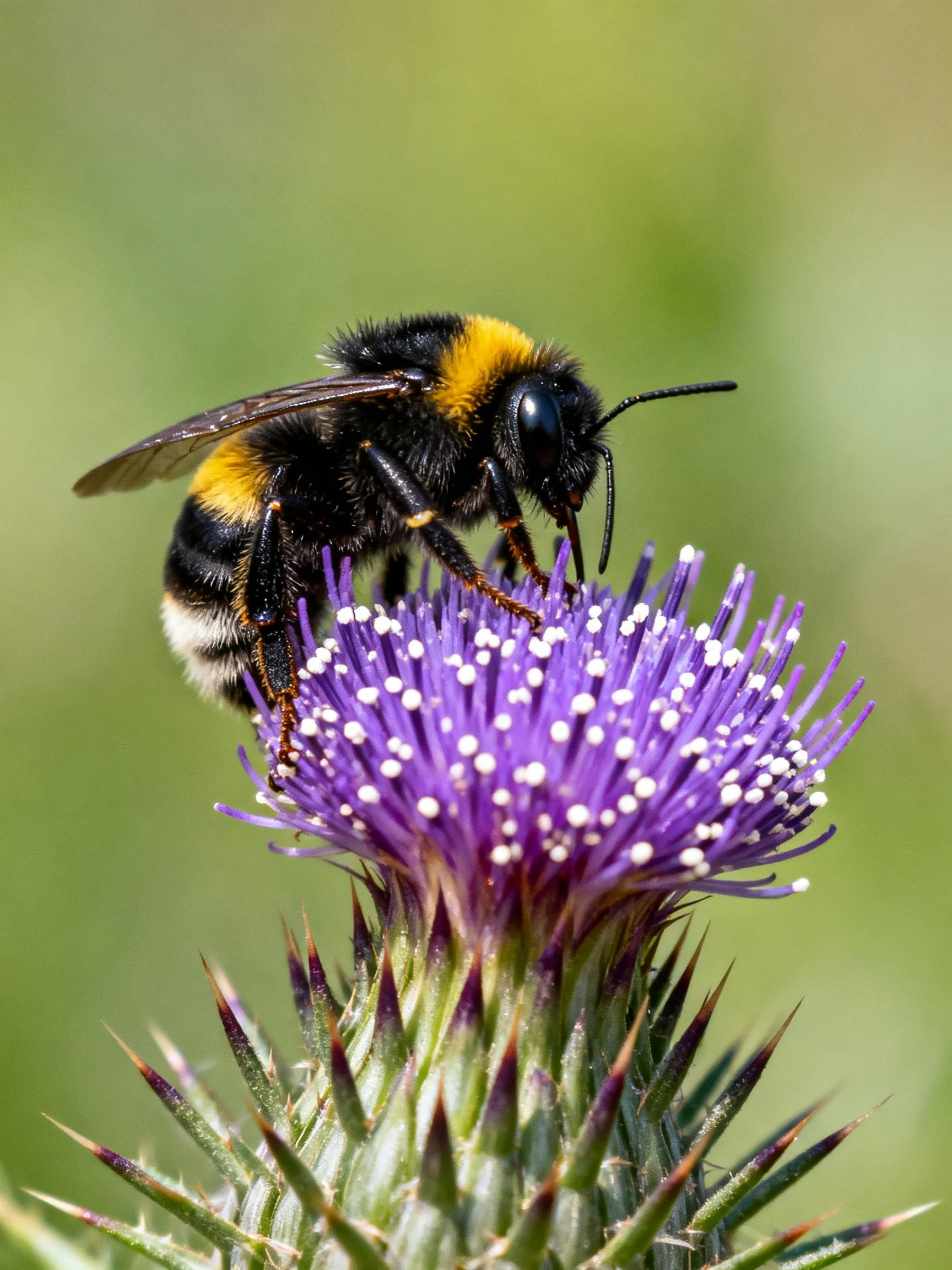 Black and yellow bumblebee on a vibrant purple thistle flower