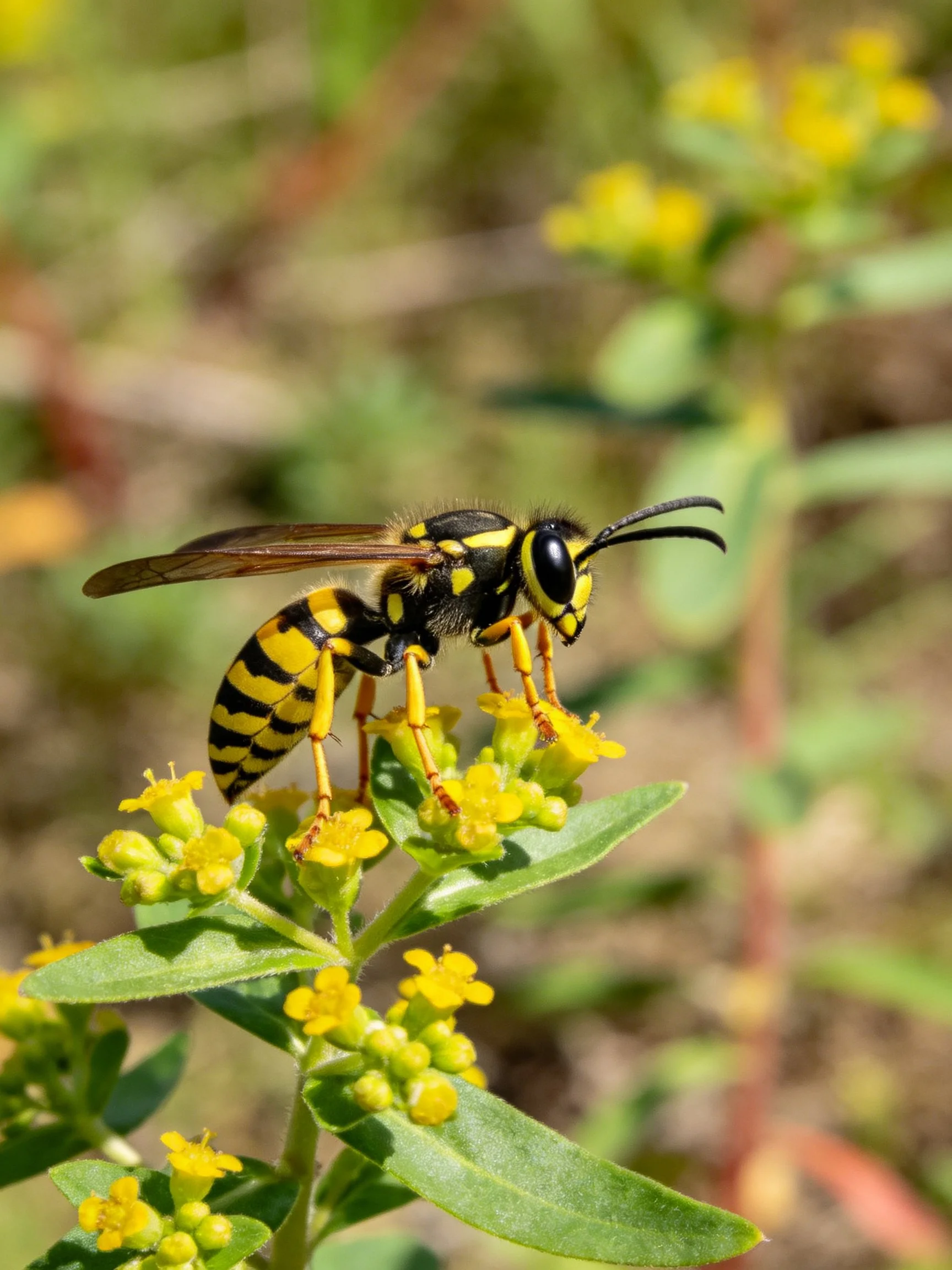 Black and yellow striped wasp on small yellow flowers
