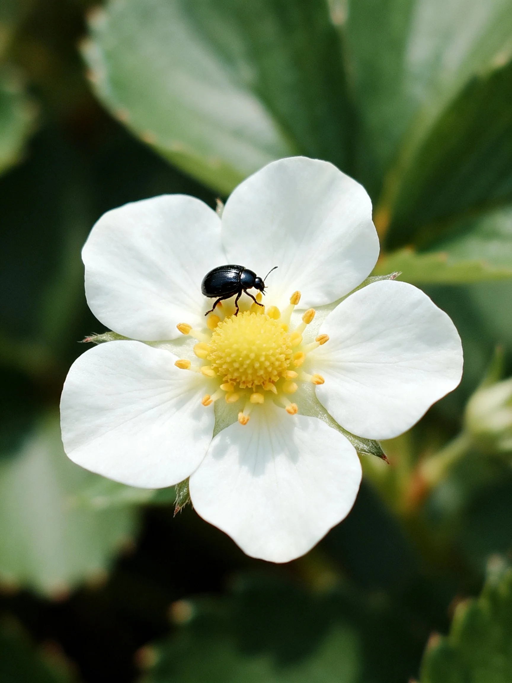 Black beetle on white strawberry blossom with yellow center