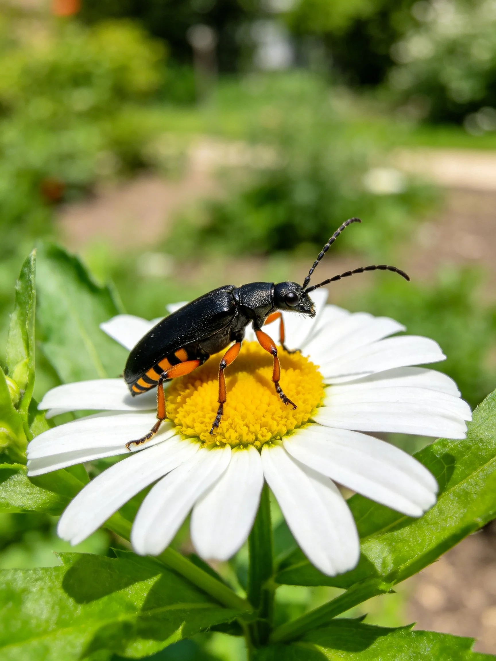 Black beetle with orange legs on a white daisy flower