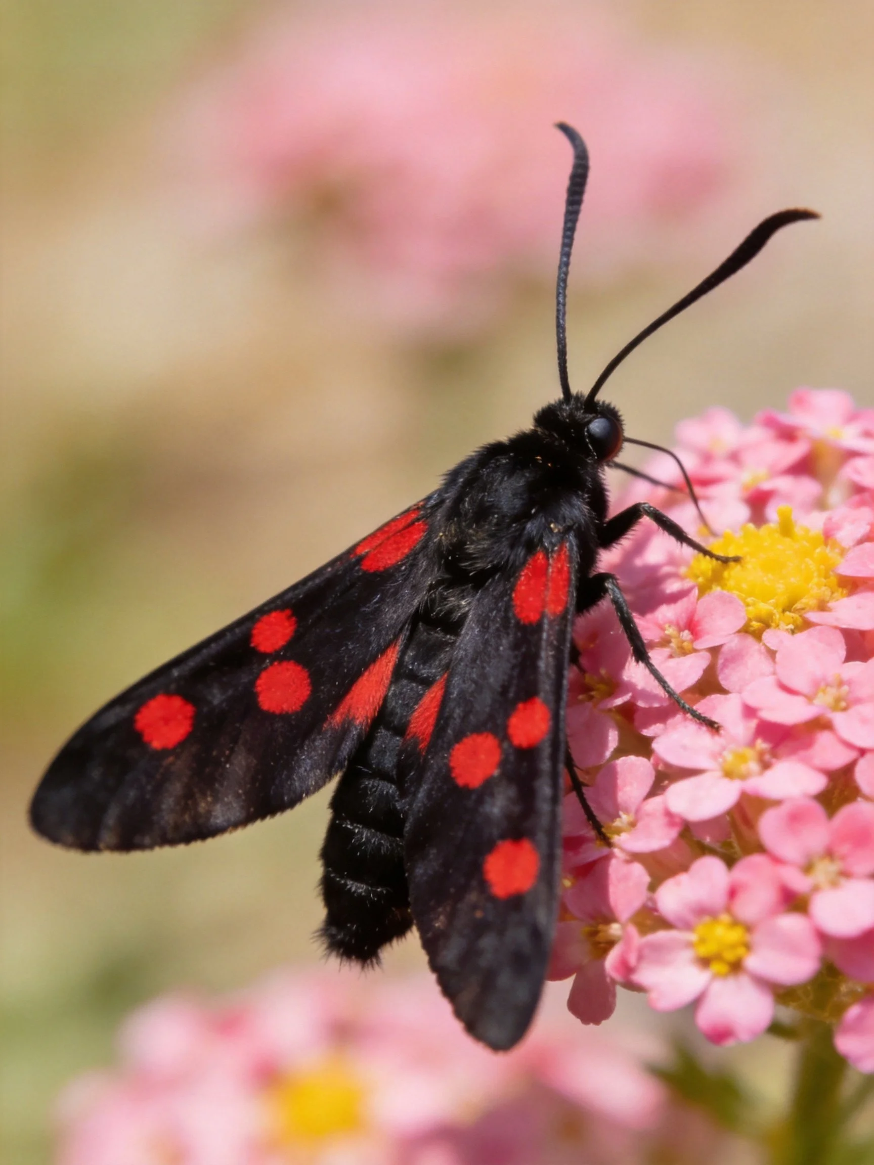 Black moth with red spots perched on pink flowers
