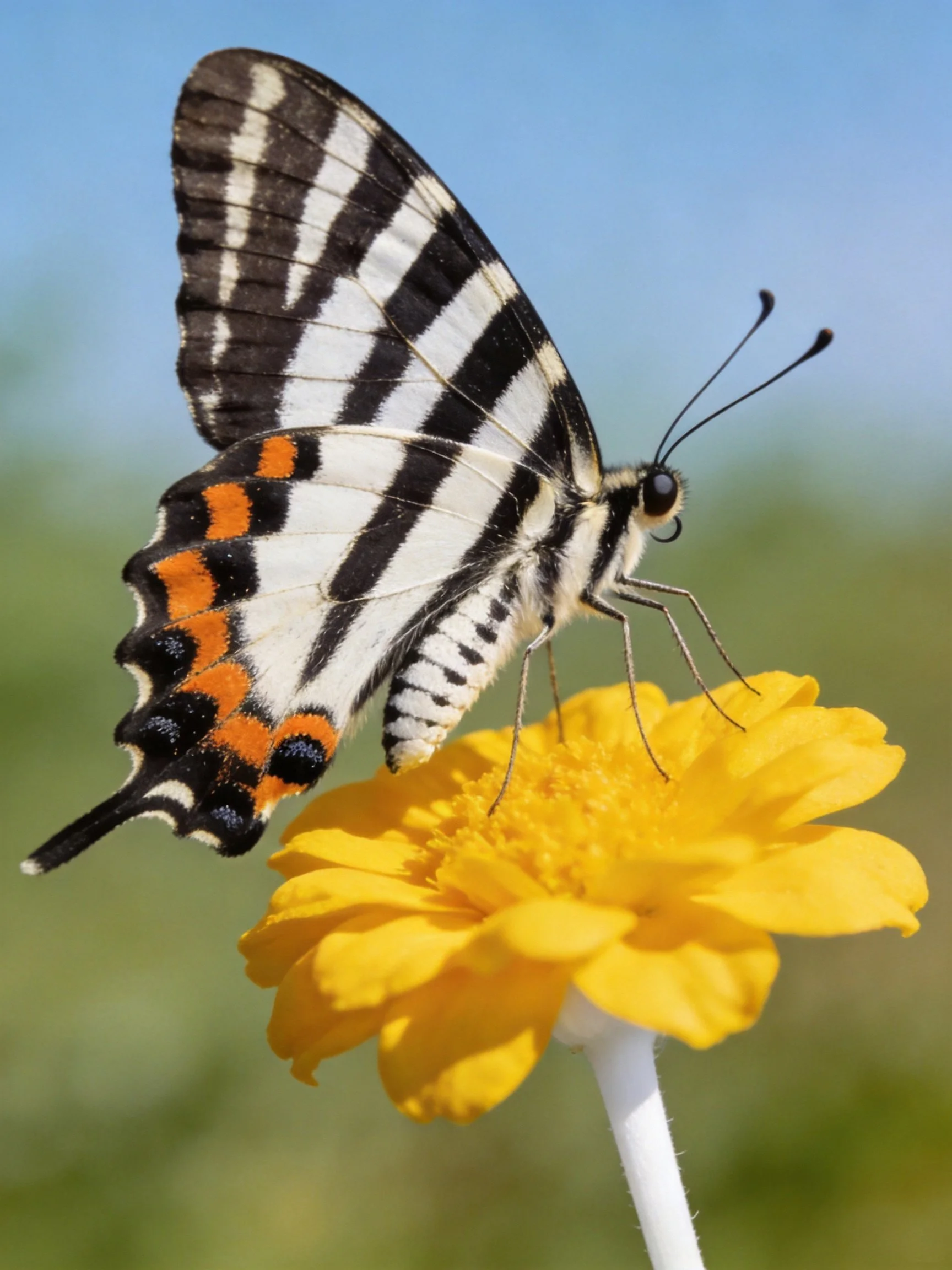 Black, white, and orange butterfly perched on a bright yellow flower