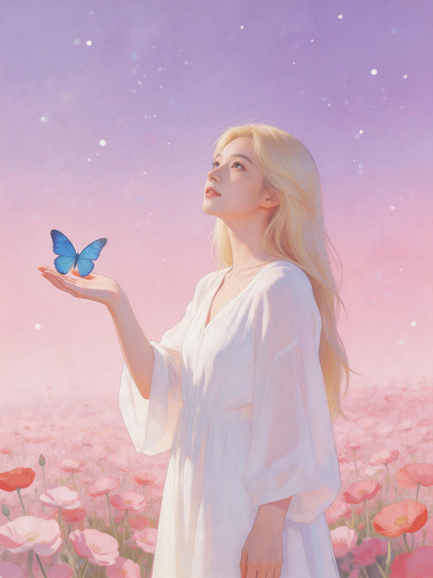 Blonde woman in white dress holding blue butterfly over pink flower field