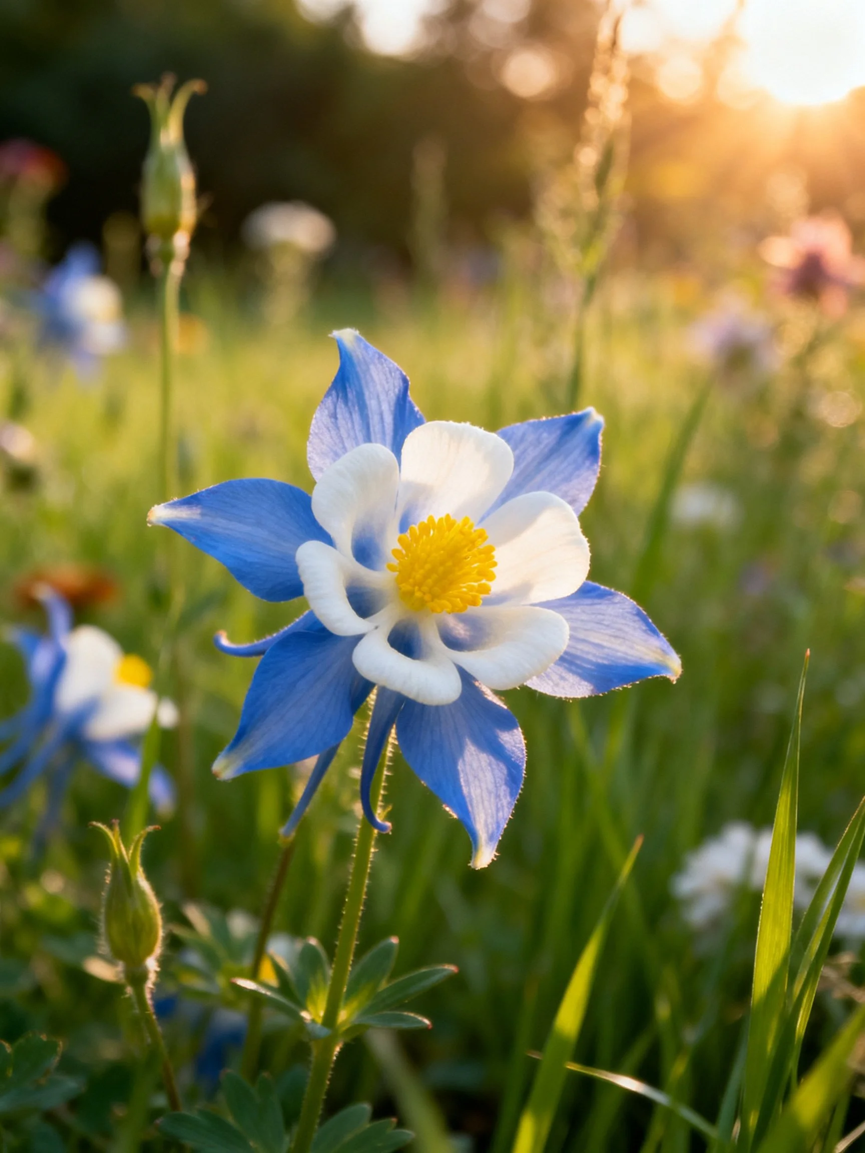Blue and white flower centered in a sun-drenched meadow