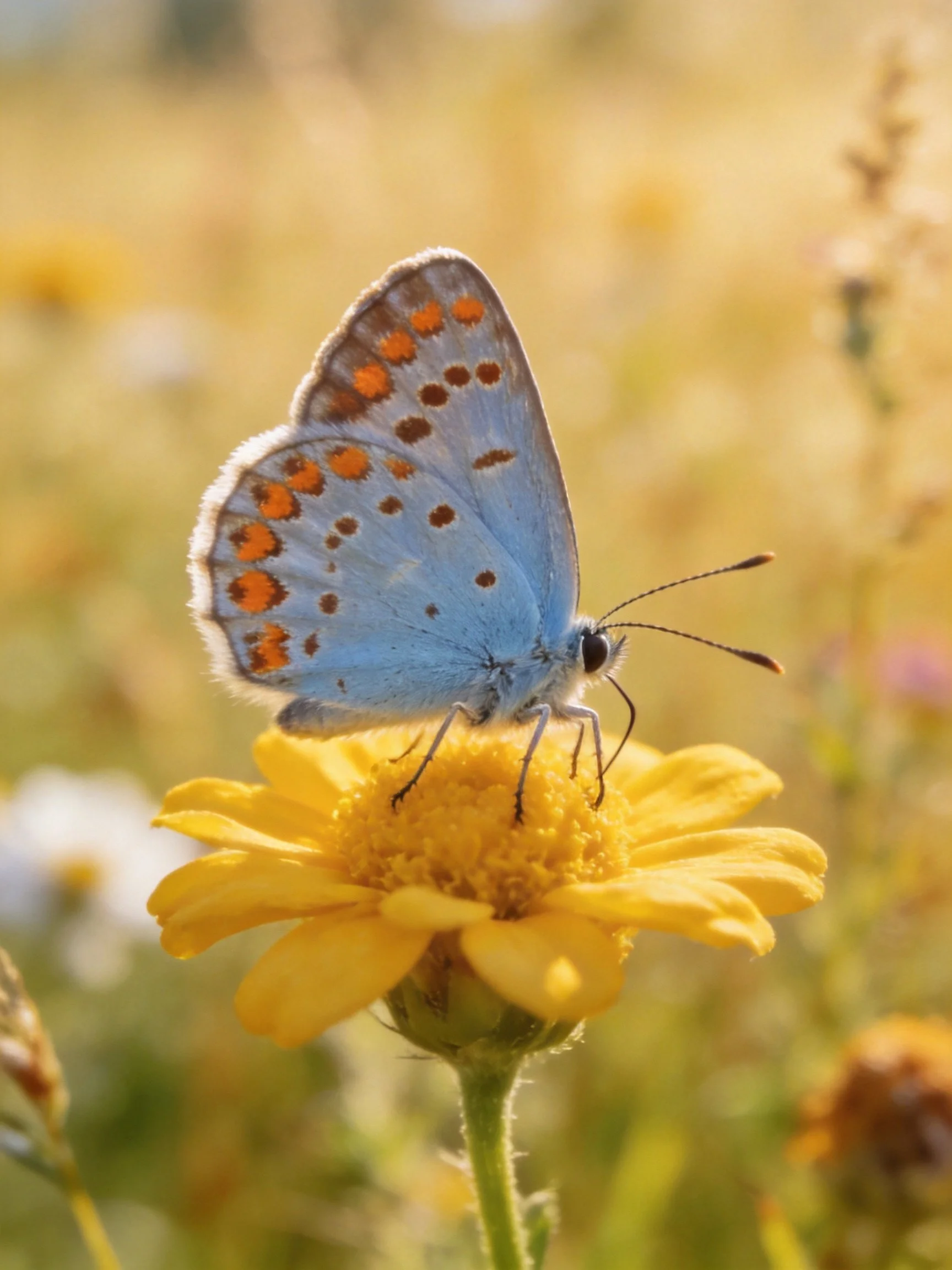 Blue butterfly with orange spots perched on a yellow flower