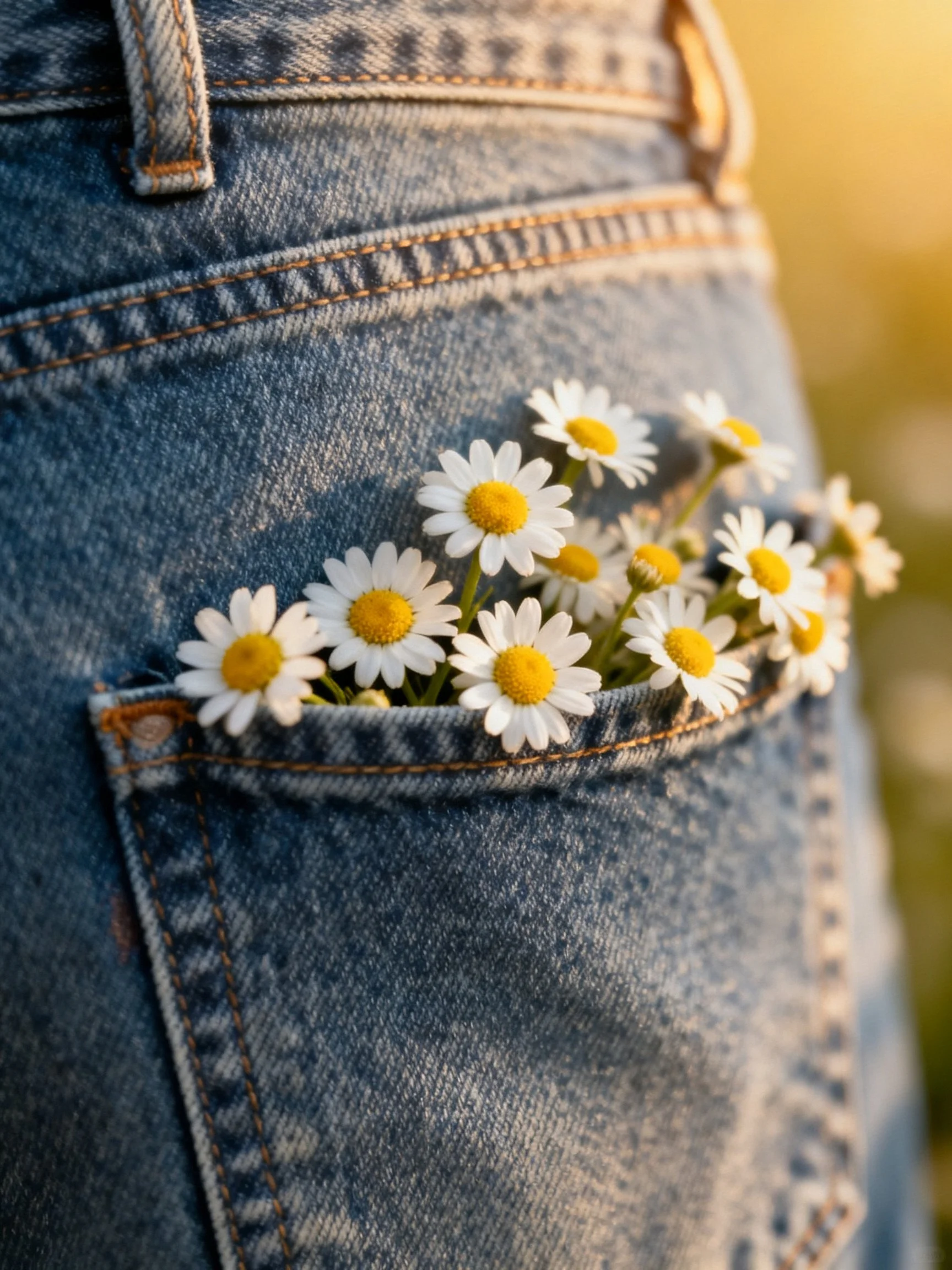 Blue denim jeans pocket holding white daisies with yellow centers