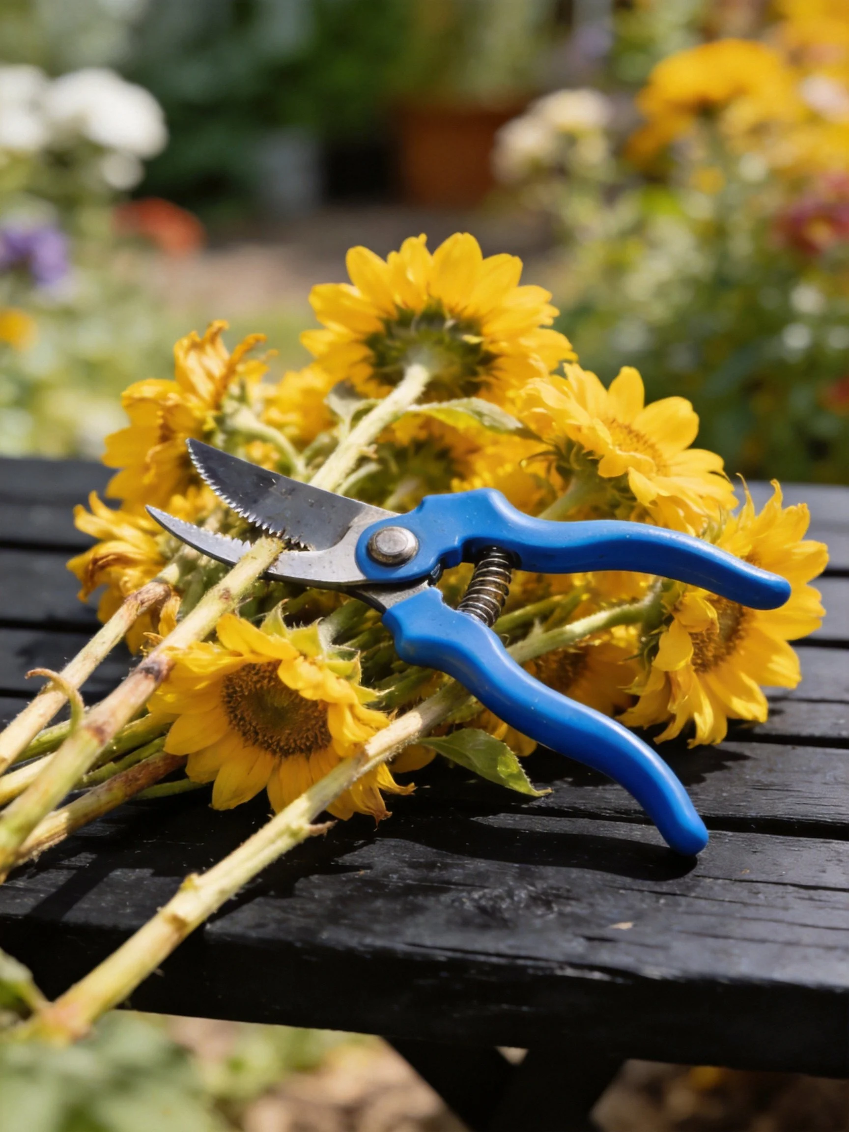Blue-handled pruning shears on a cluster of yellow flowers
