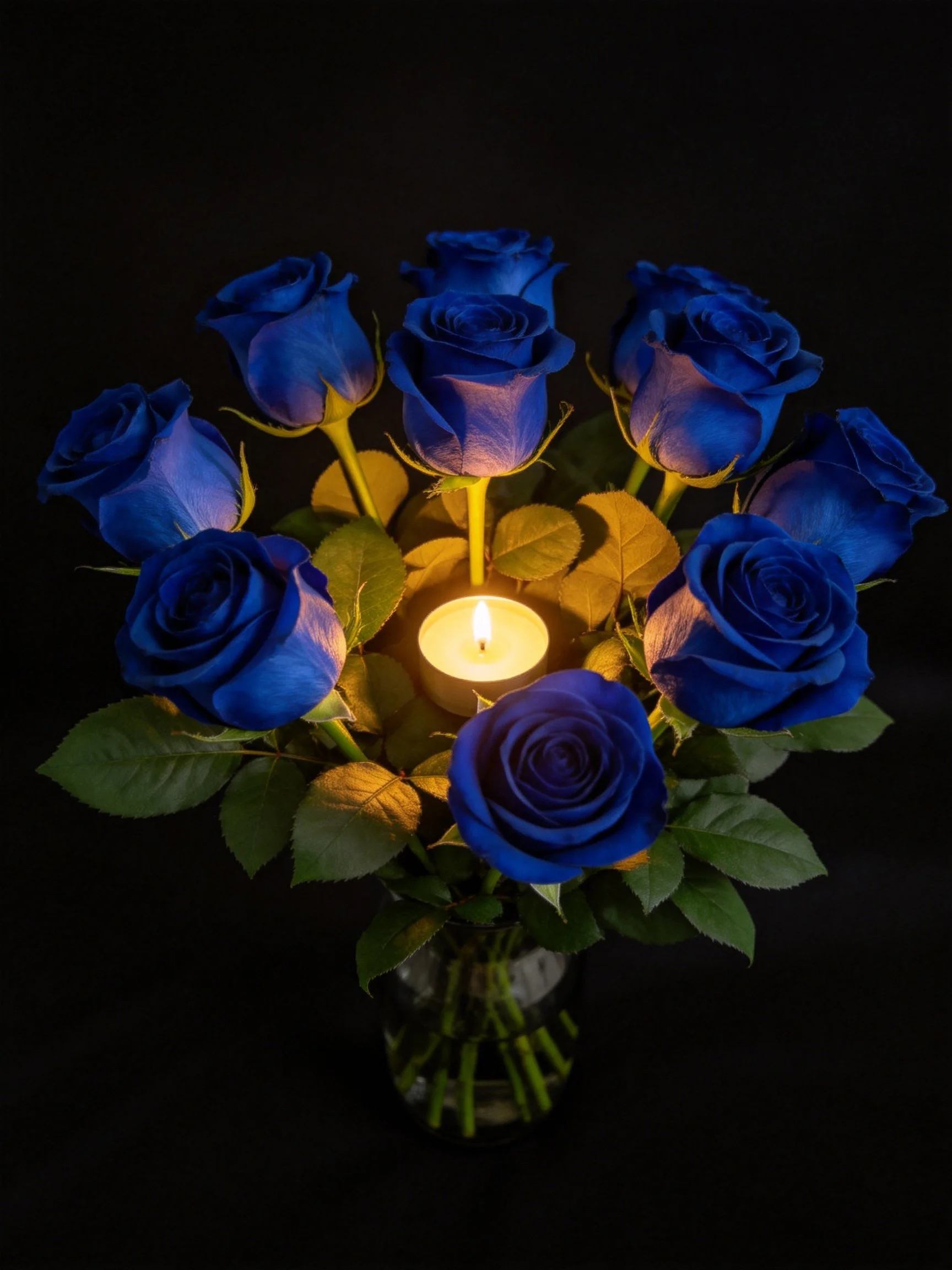 Blue roses arranged around a lit candle in a glass vase