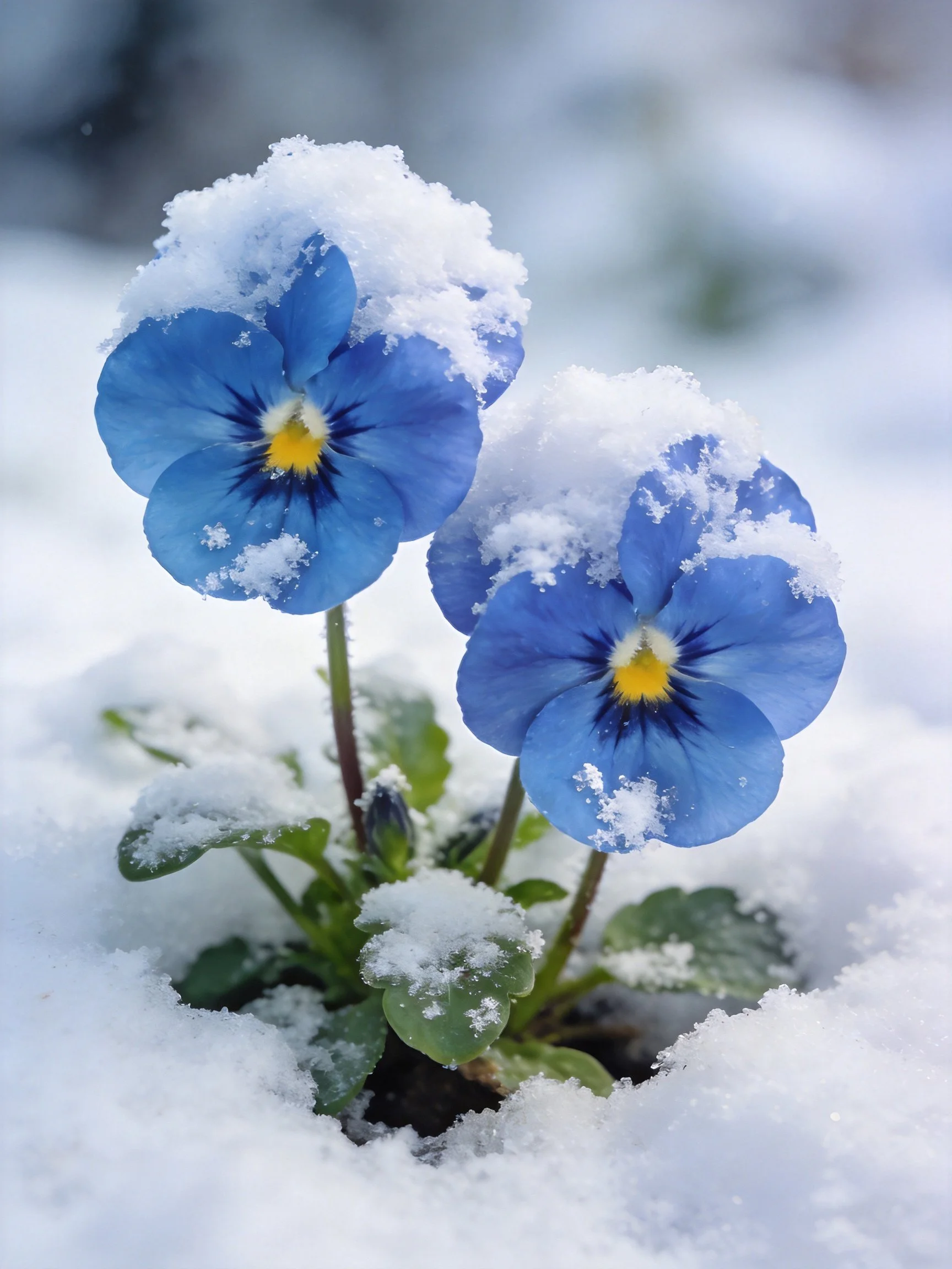 Blue violas dusted with fresh white snow