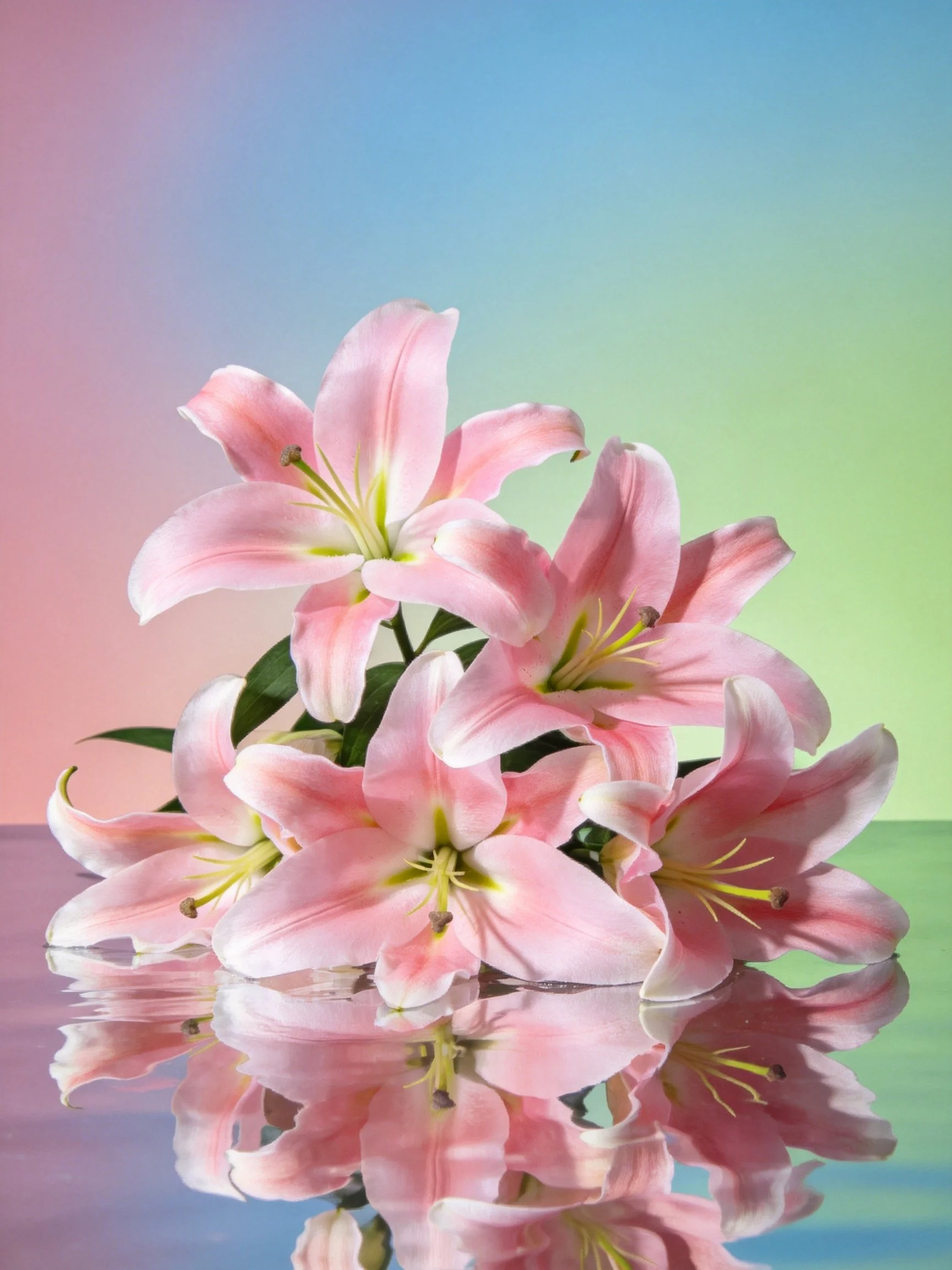 Bouquet of pink lilies reflected in water with pastel gradient