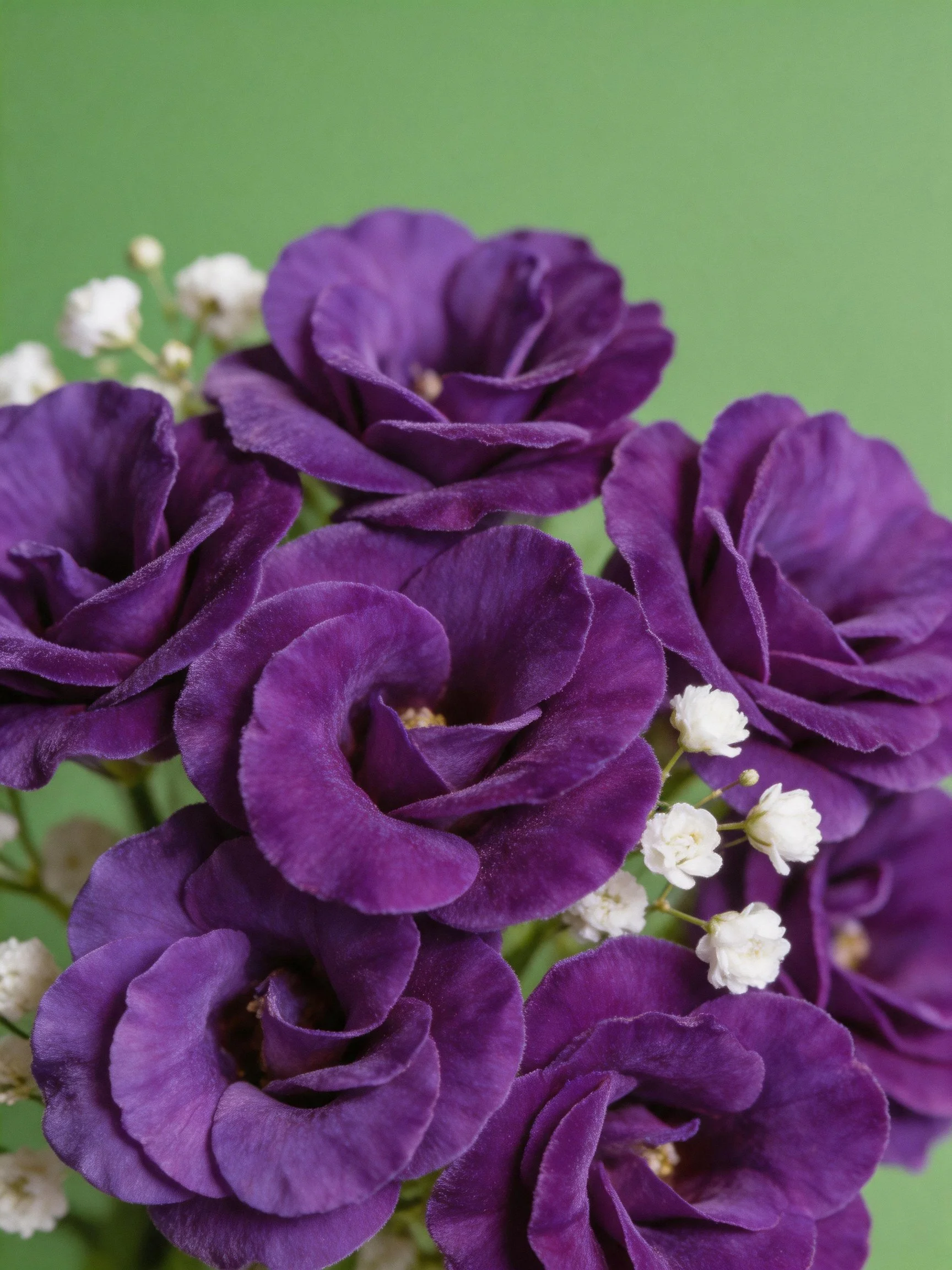 Bouquet of rich purple flowers with delicate white accents