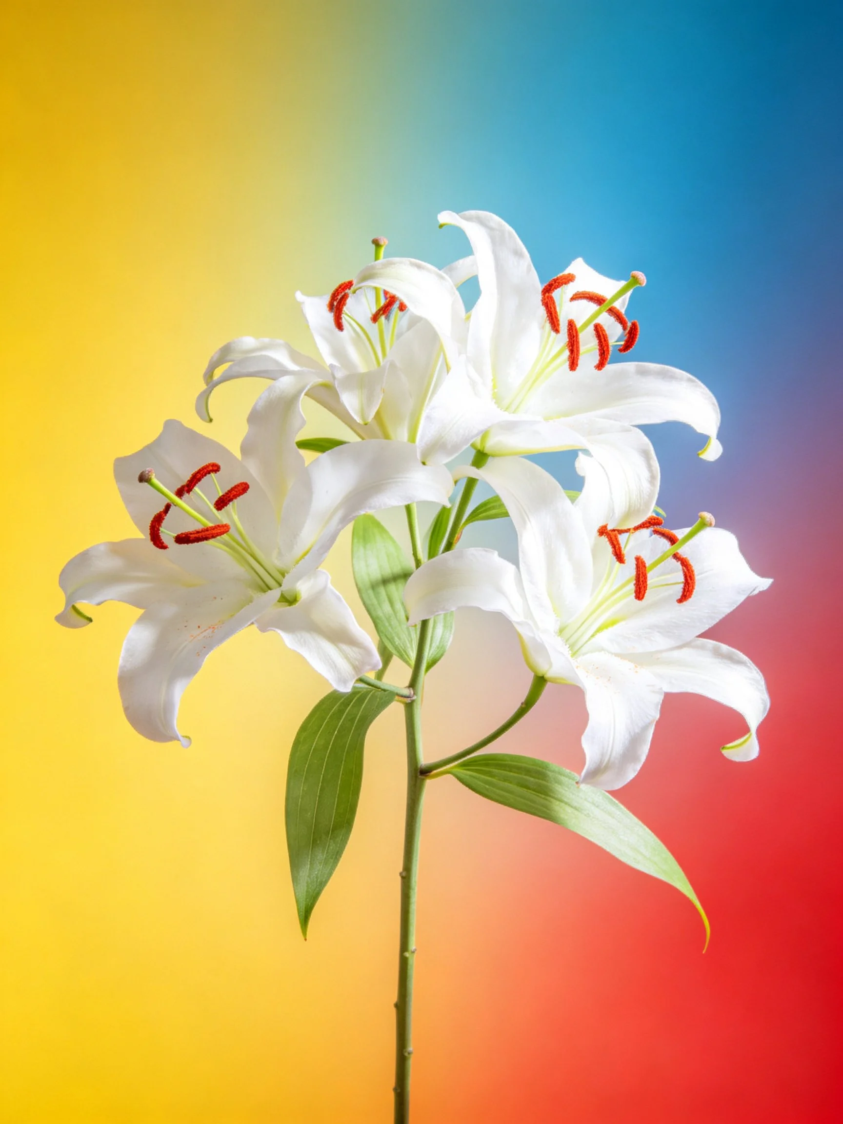 Bouquet of white lilies with red stamens on gradient colored background