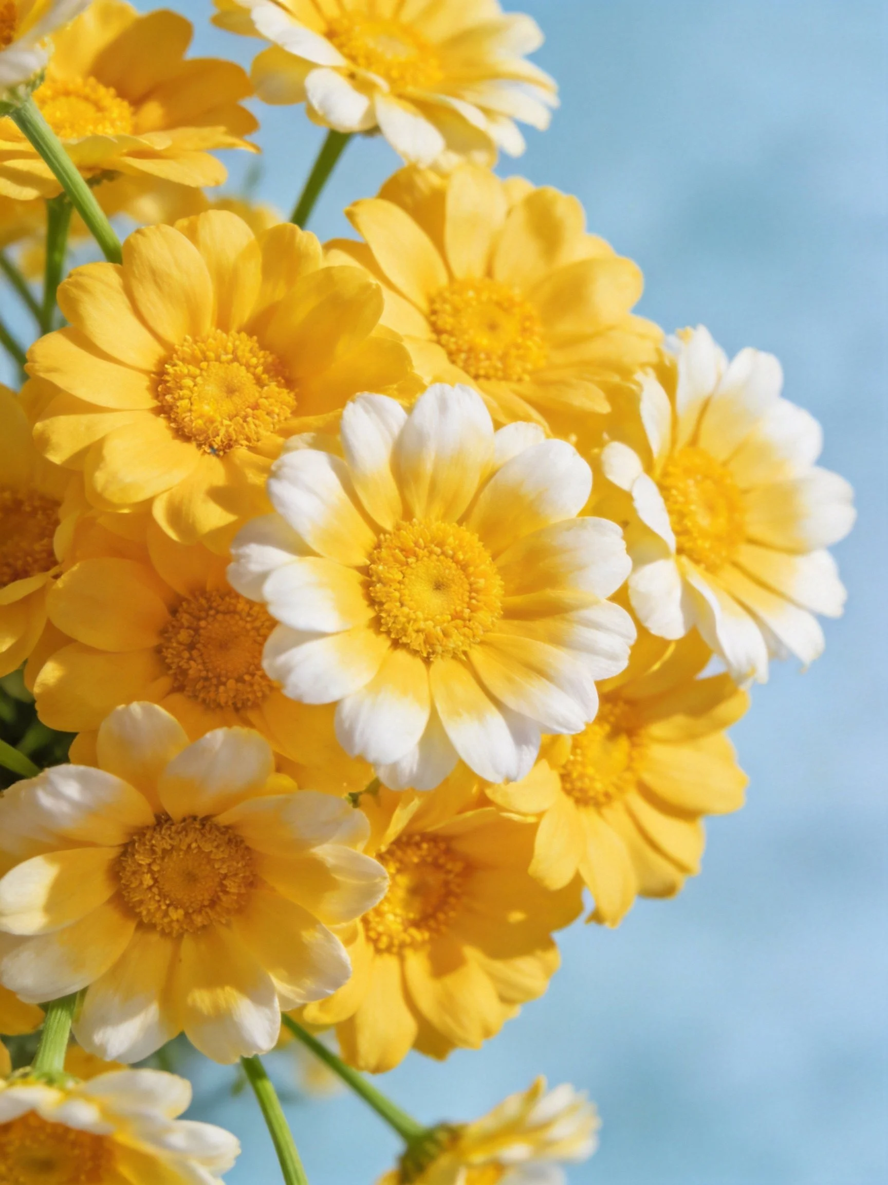 Bouquet of yellow and white daisies with clear blue sky
