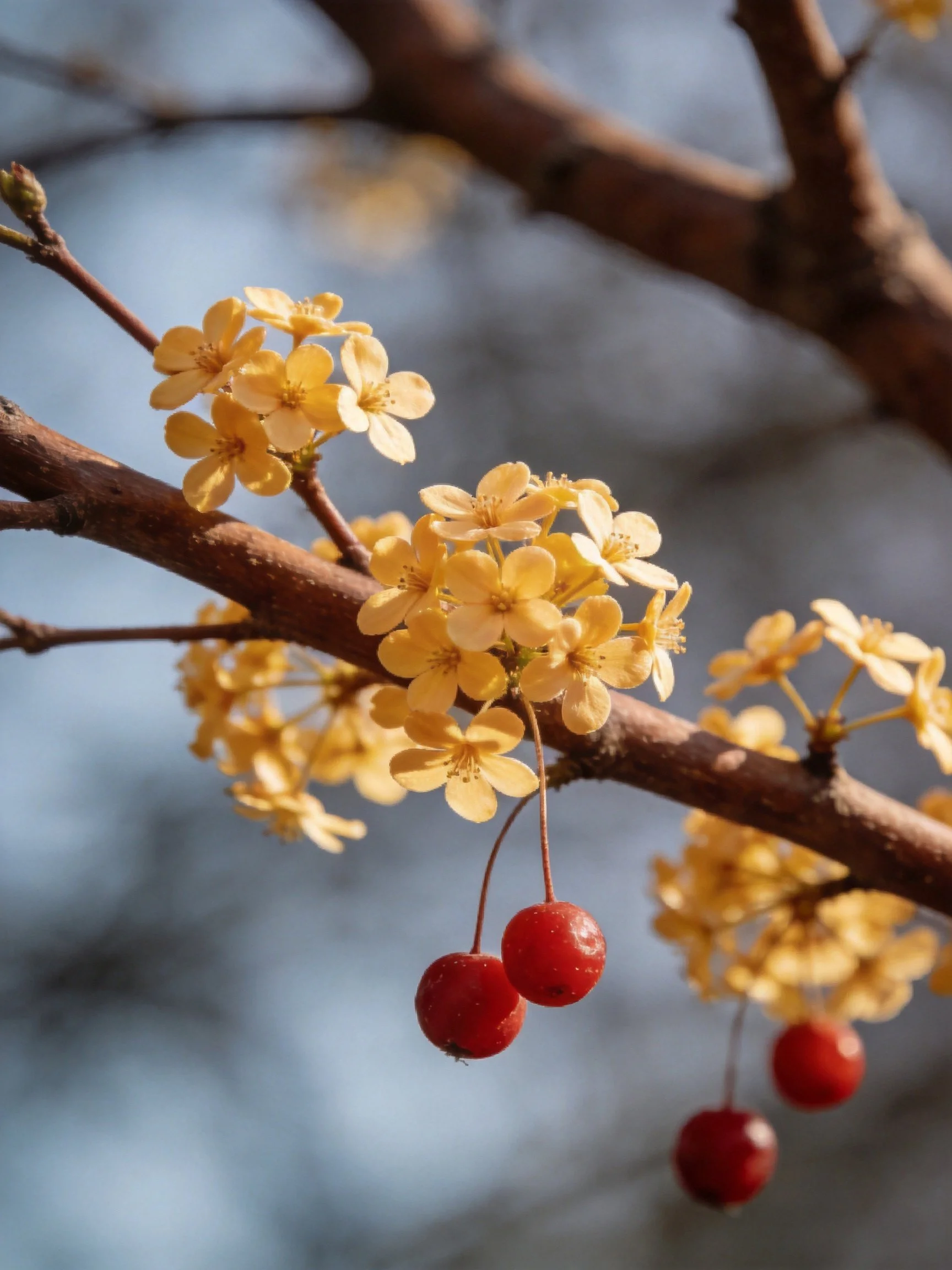 Branch with Yellow Flowers and Red Berries Under Soft Light