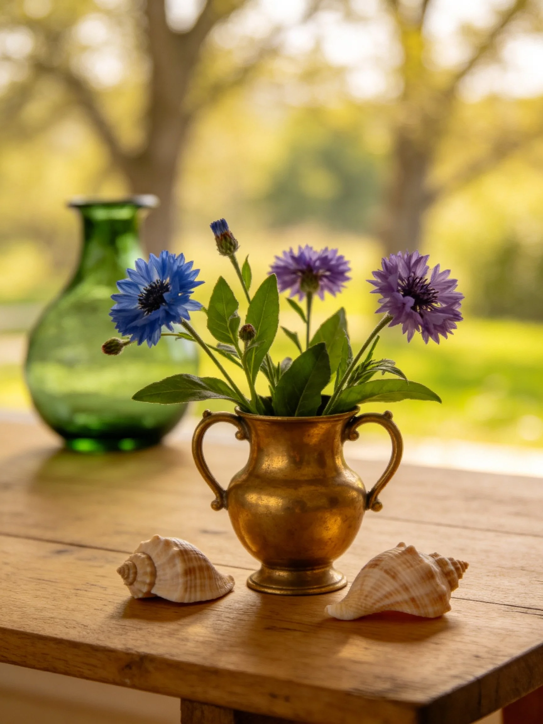 Brass vase with blue, purple flowers, green bottle, seashells on wooden table