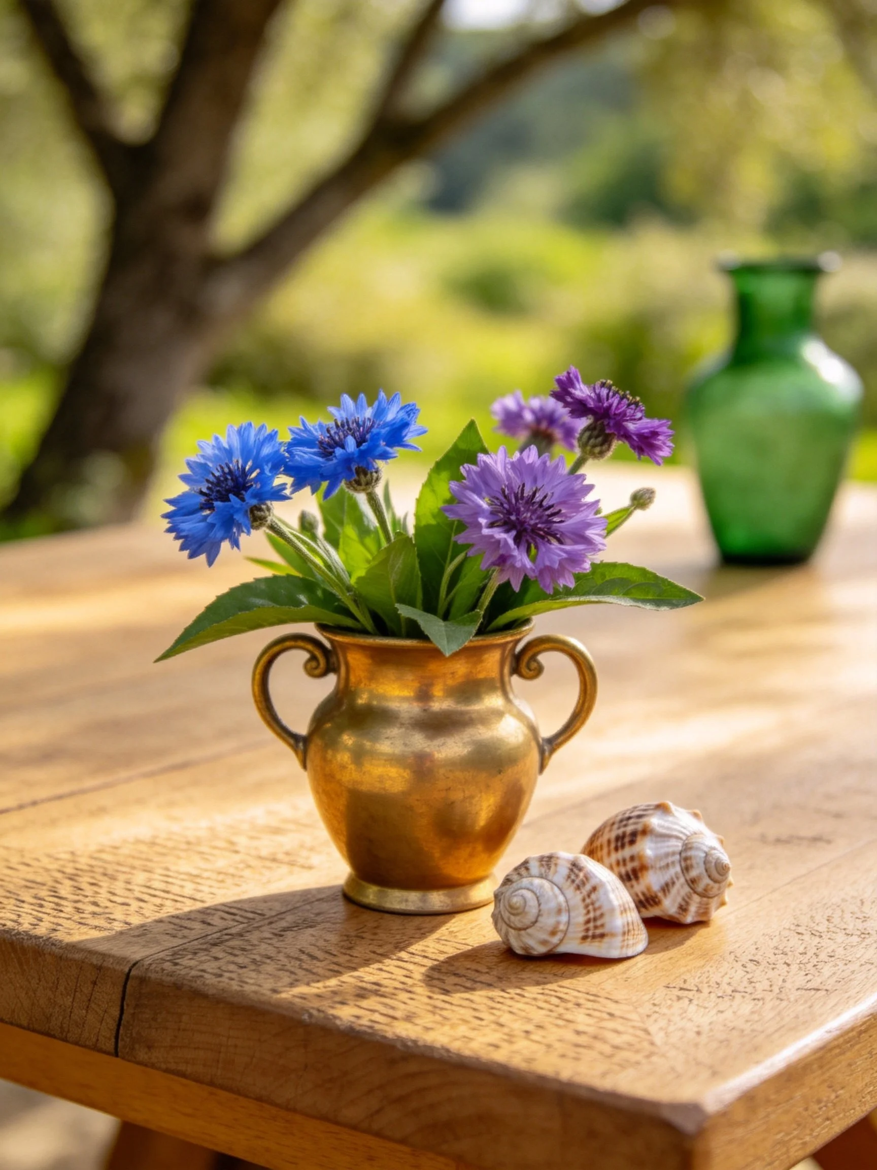Brass vase with blue-purple flowers, seashells, wooden table, green vase