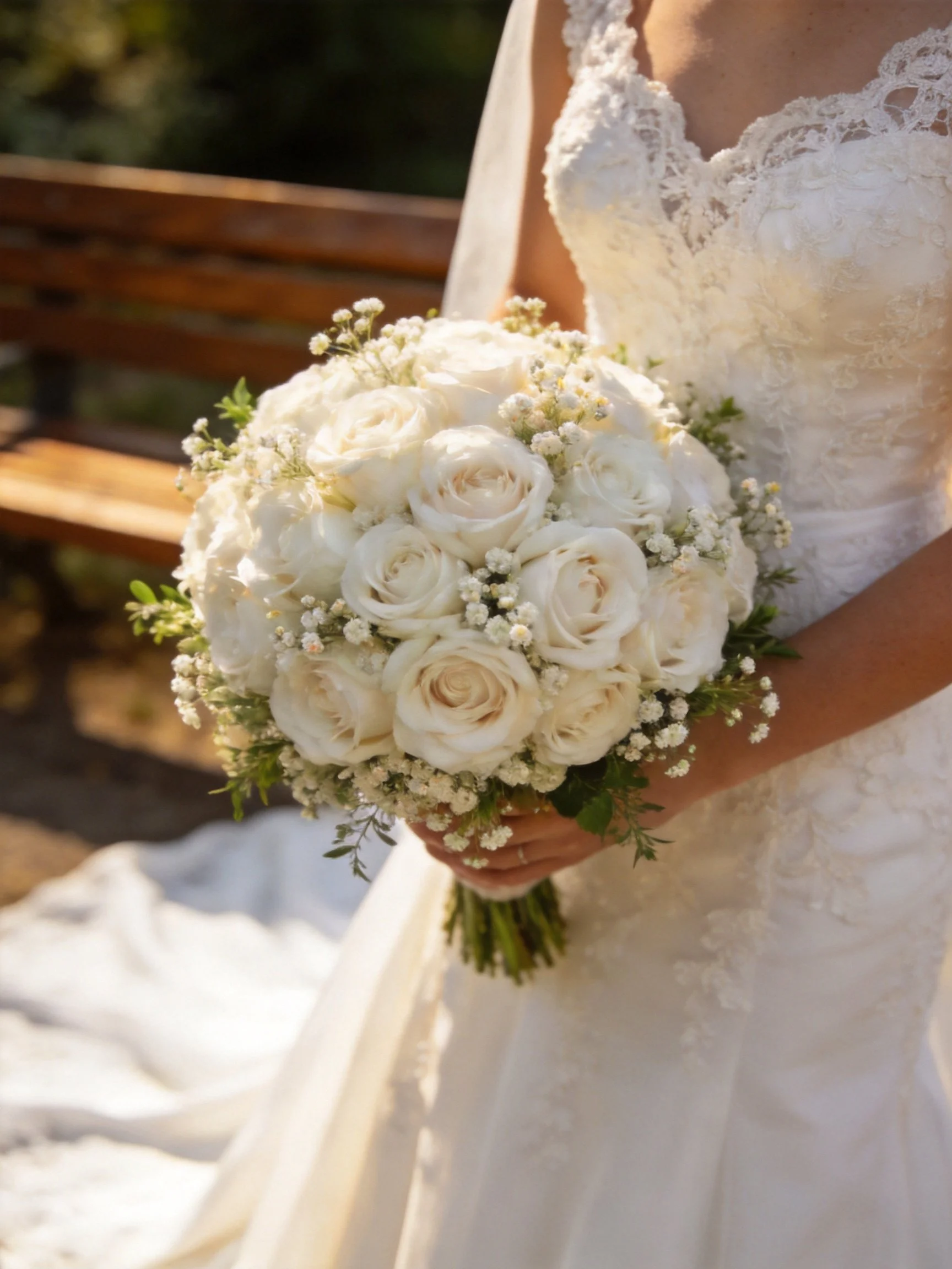 Bride holding large white rose bouquet near wooden bench