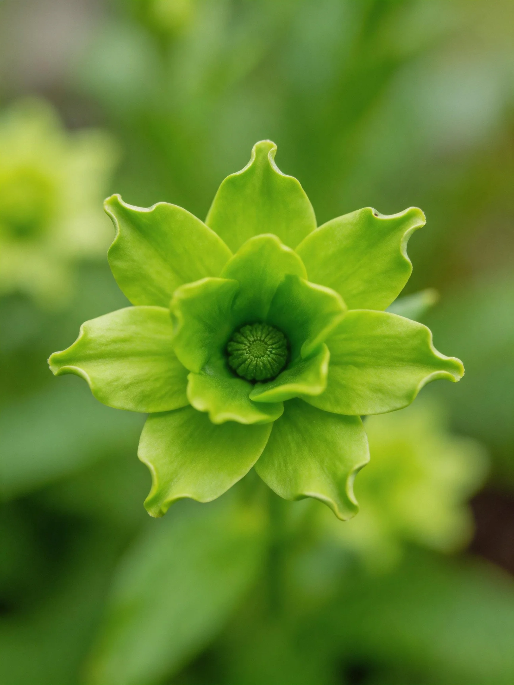 Bright Green Flower with Layered Petals, Blurred Green Background